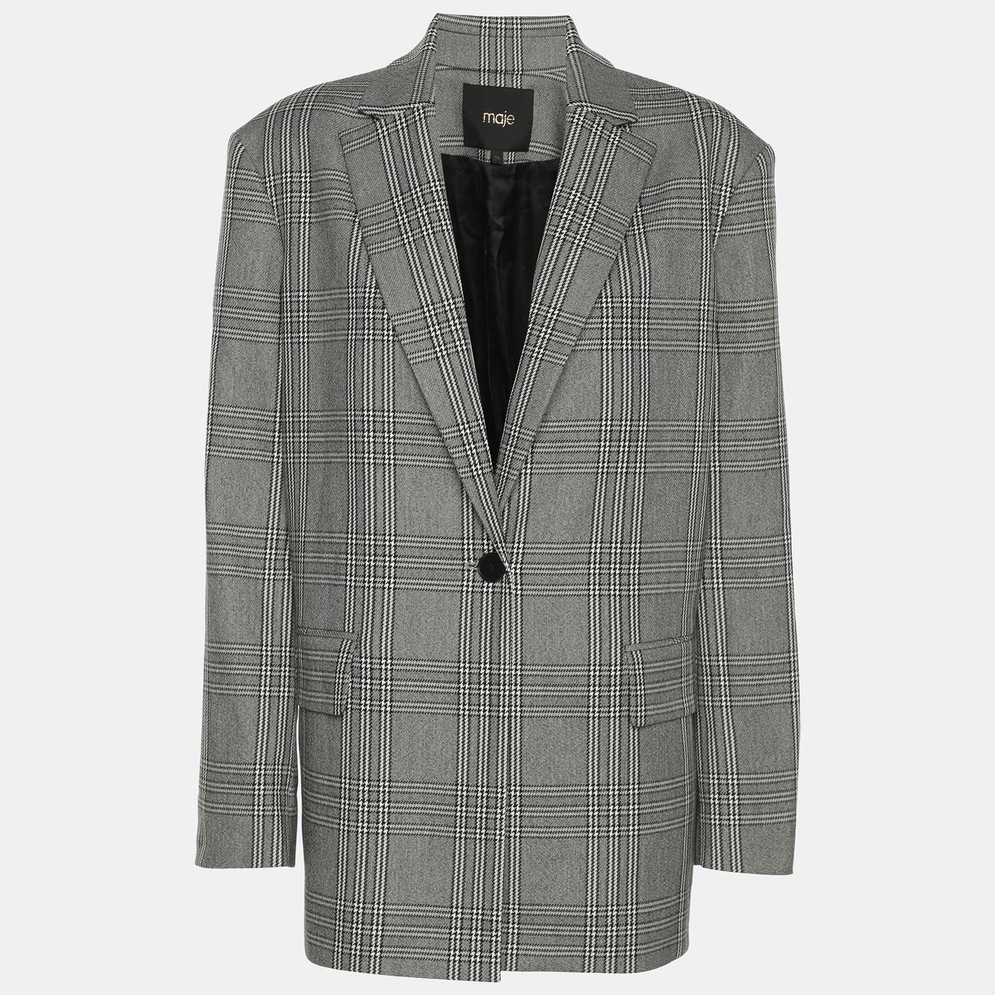 Maje Grey Checked Gabbardine Single Breasted Blazer S