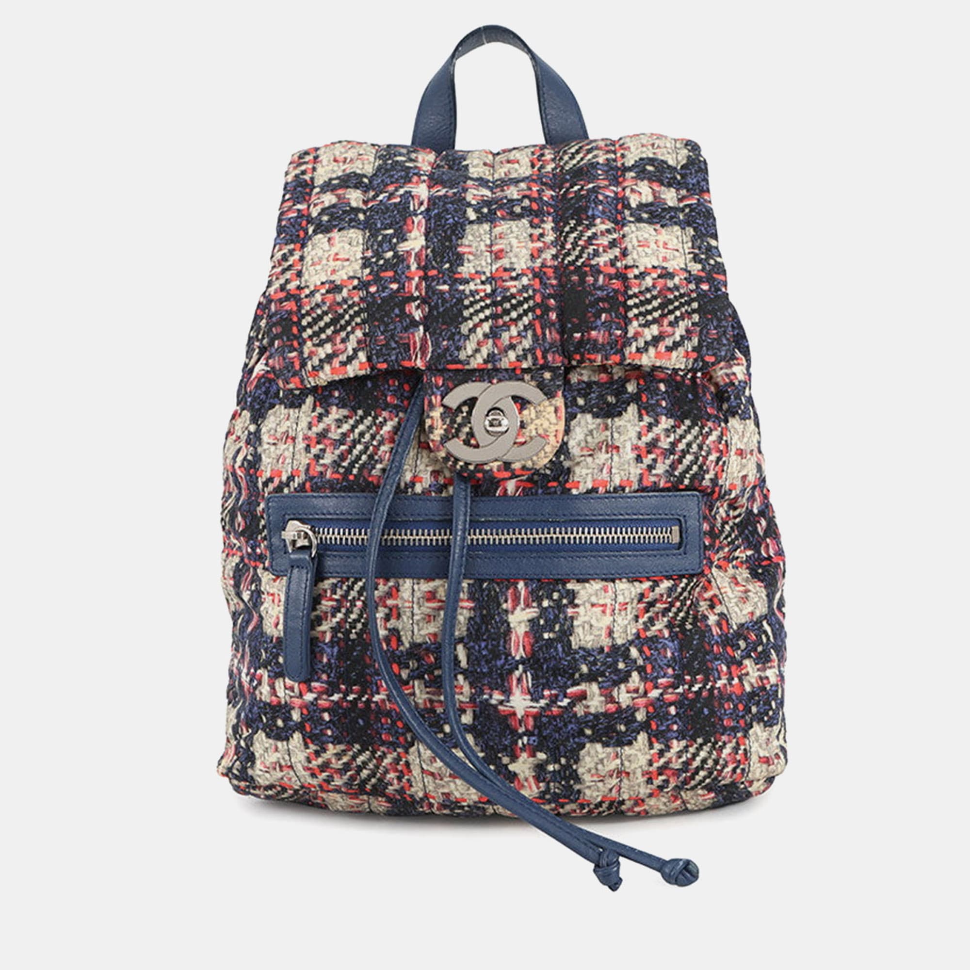 Chanel Cc Logo Tweed Print Backpack Blue/Multicolor Nylon Leather