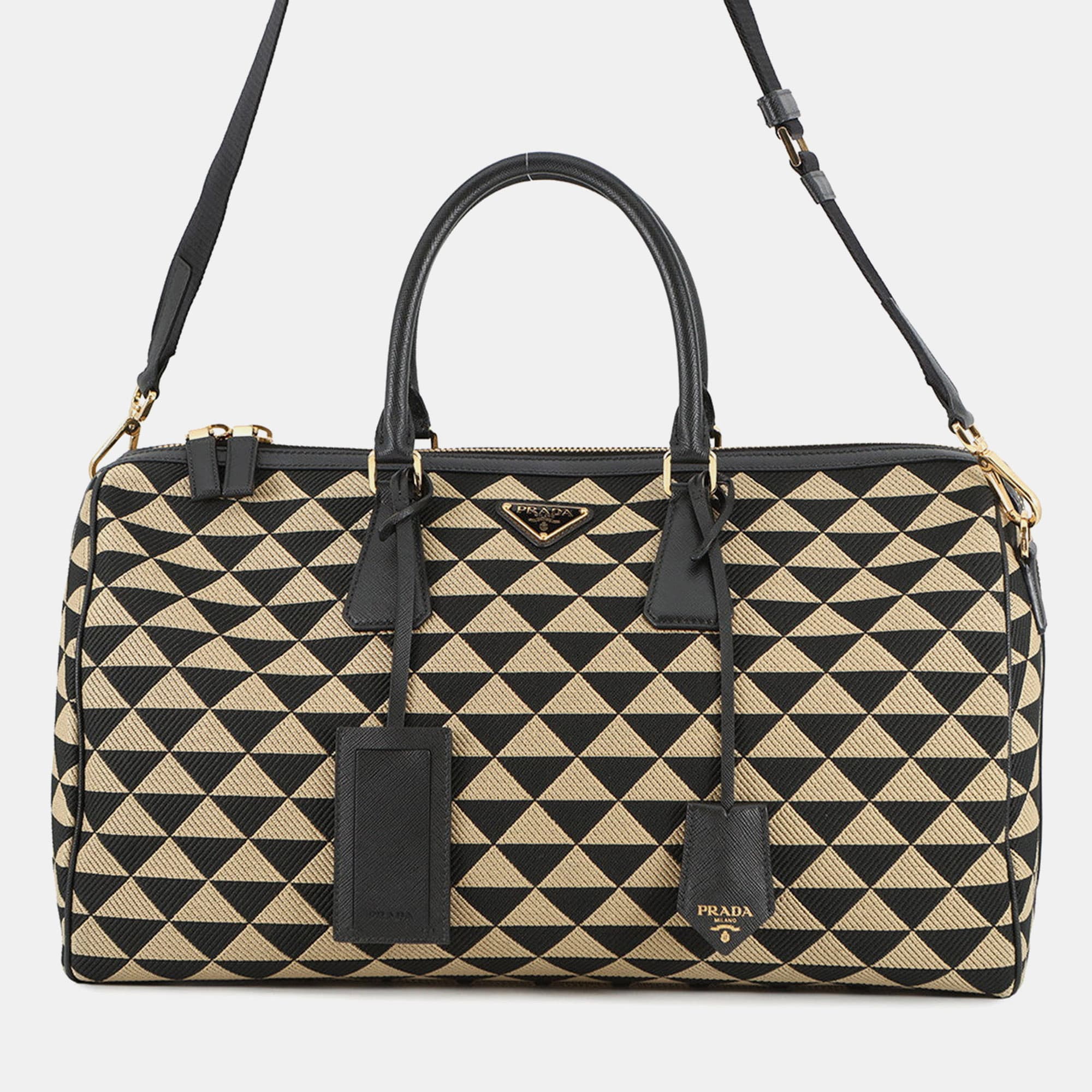 Prada Symbol Embroideryfabric Travel Bag Beige/Black Canvas Saffiano Leather