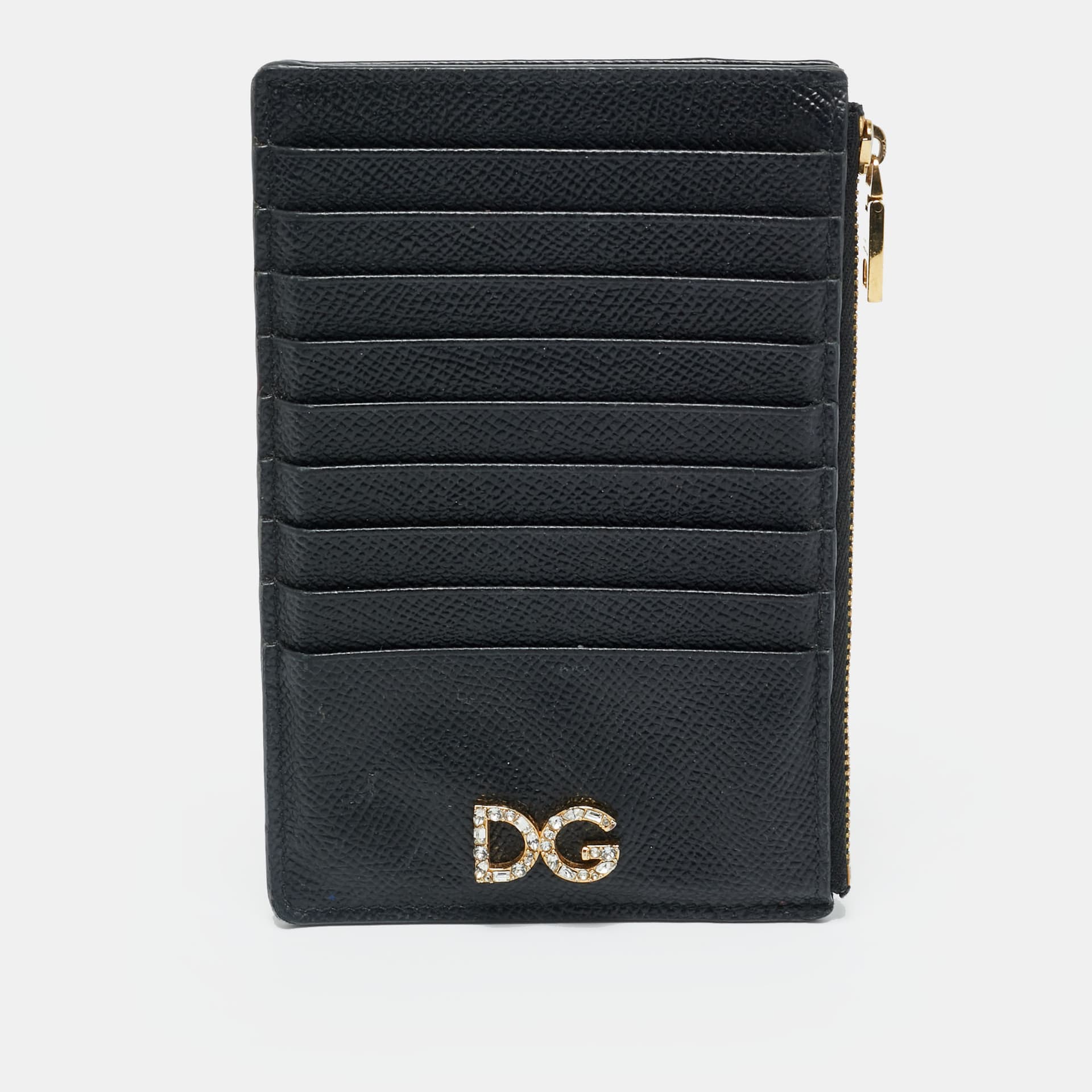 Dolce & Gabbana DG Crystal Logo Black Leather Zip Card Holder