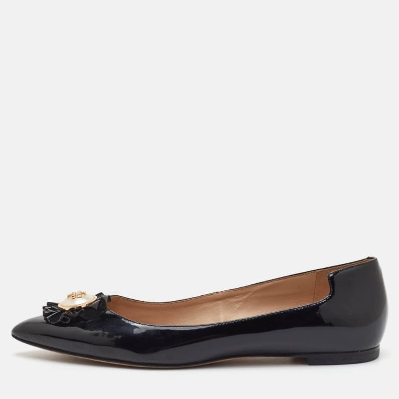 Tory Burch Melody Pearl Size 38 Black Patent Leather Ballet Flats