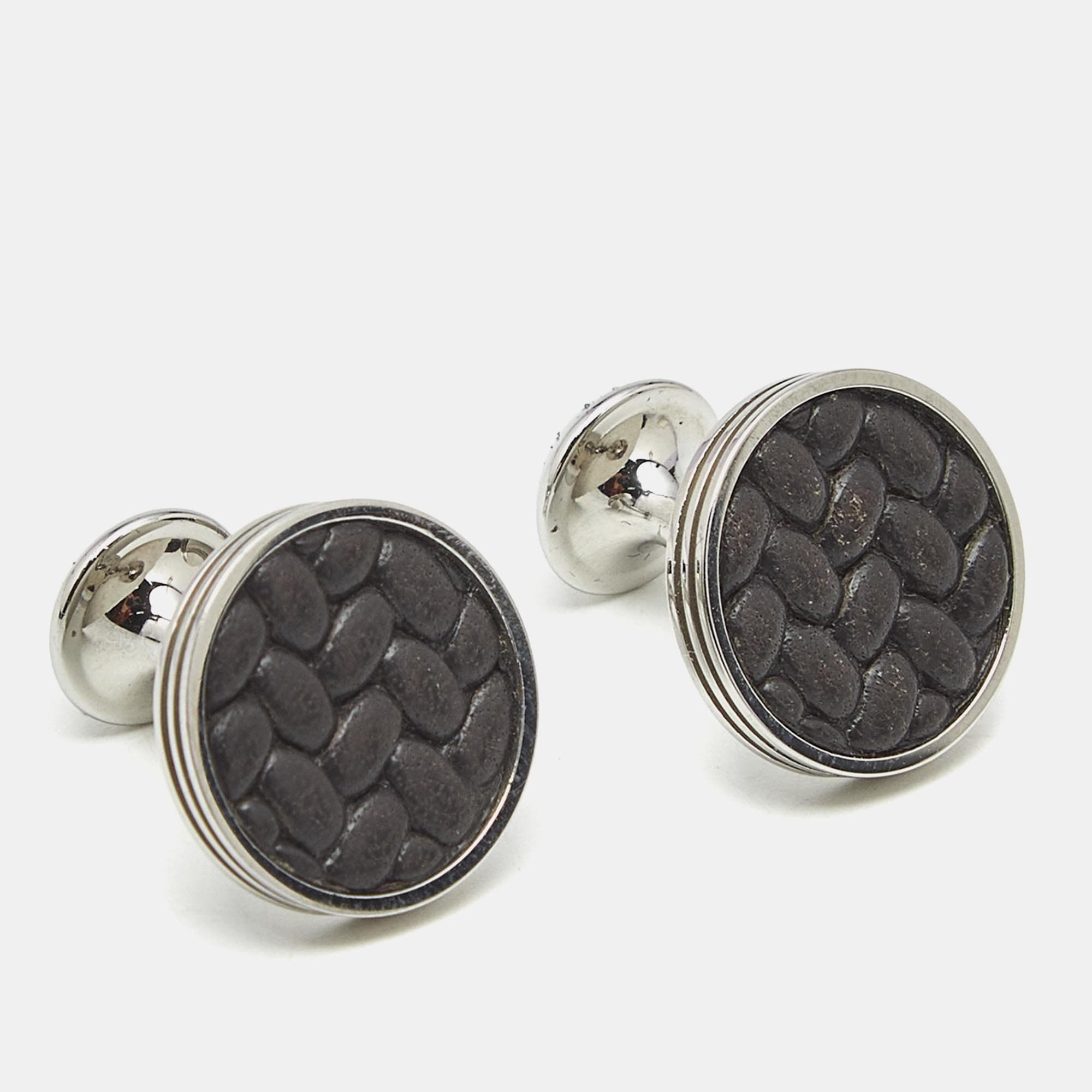 Montblanc Monograin Black Leather Inlay Steel Cufflinks