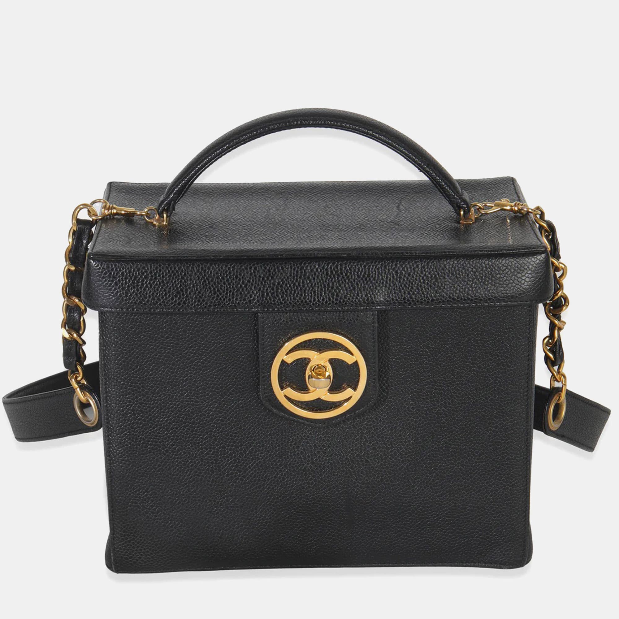 Chanel Vintage Black Grained Calfskin Leather Vanity Bag