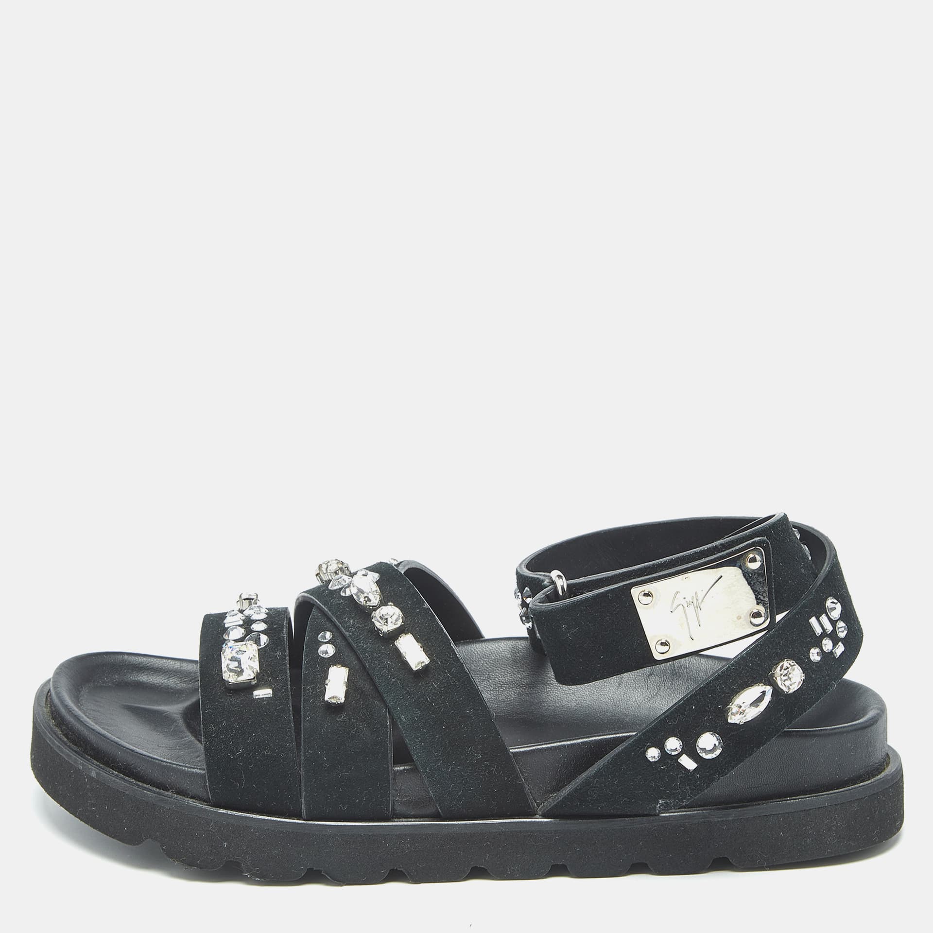 Giuseppe Zanotti Crystal Embellished Size 36 Black Suede Flat Sandals