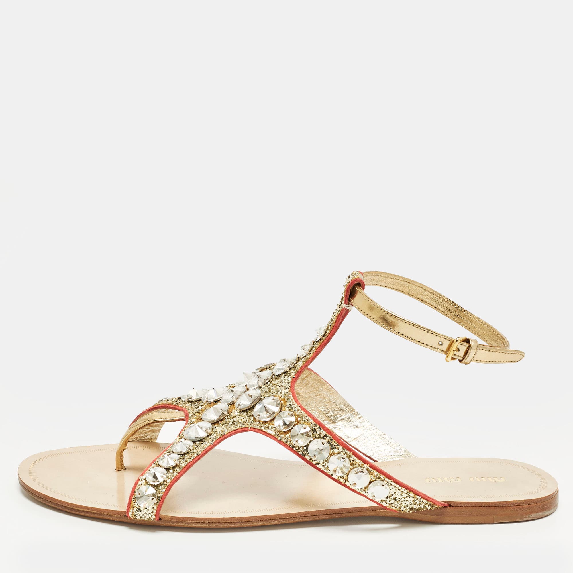 Miu Miu Size 39.5 Gold Leather and Glitter Crystal Embellished Ankle Strap Flat Sandals