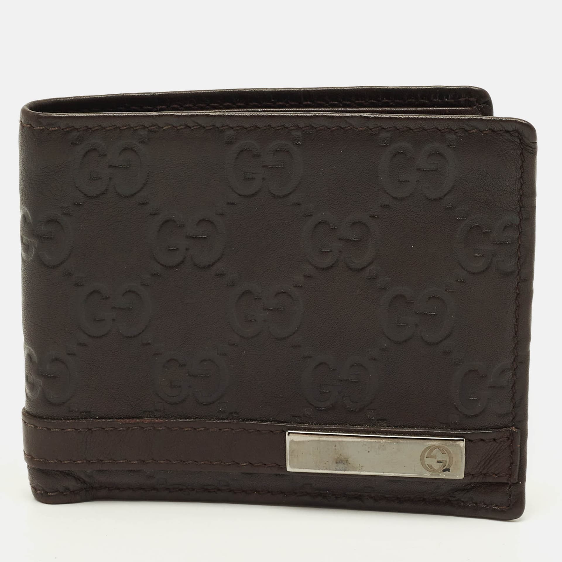 Gucci Logo Metal Dark Brown Guccissima Leather Bifold Wallet