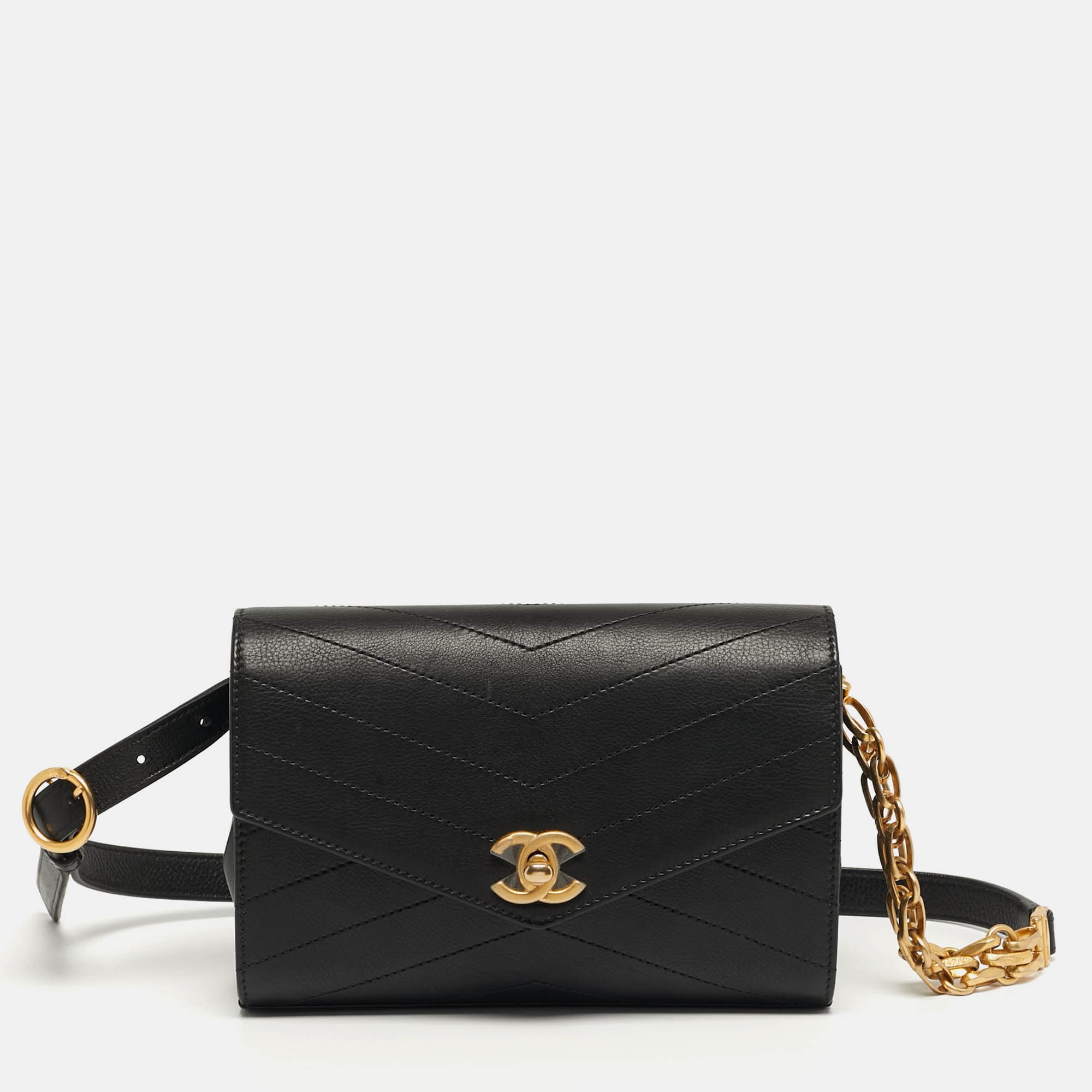 Chanel  Coco Black Chevron Leather Waist Belt Bag