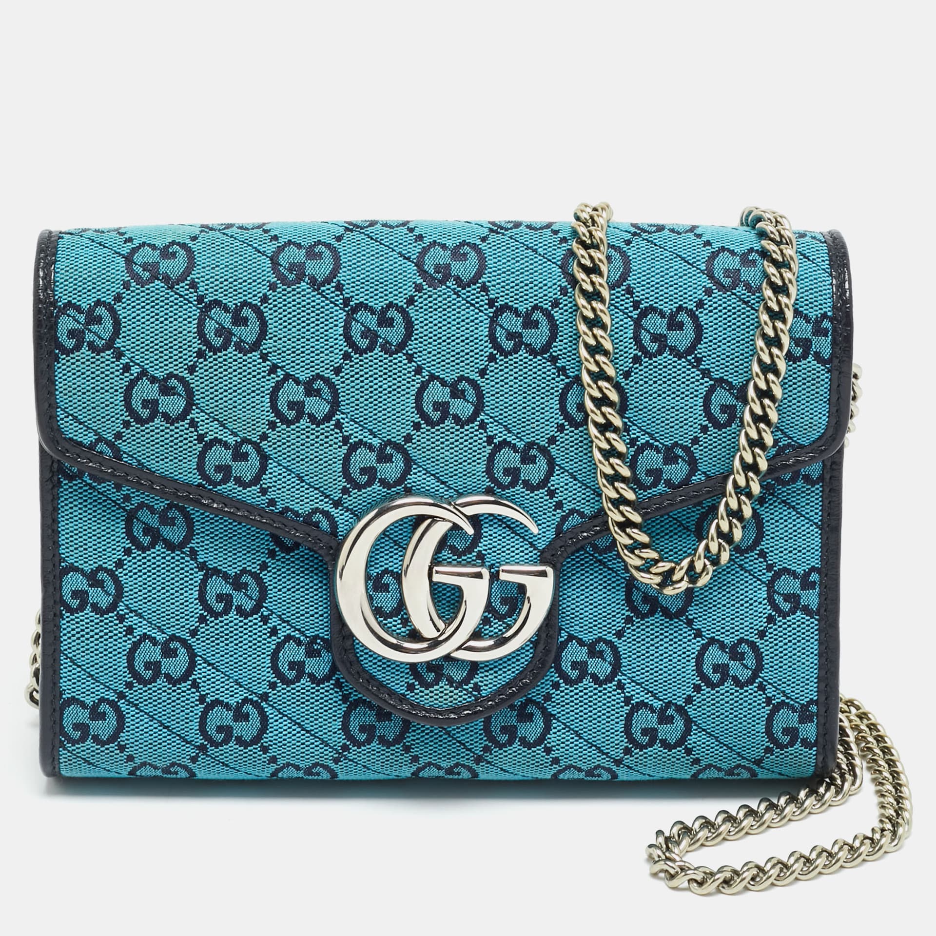 Gucci GG Marmont Blue/Black GG Diagonal Quilt Canvas and Leather Wallet on Chain
