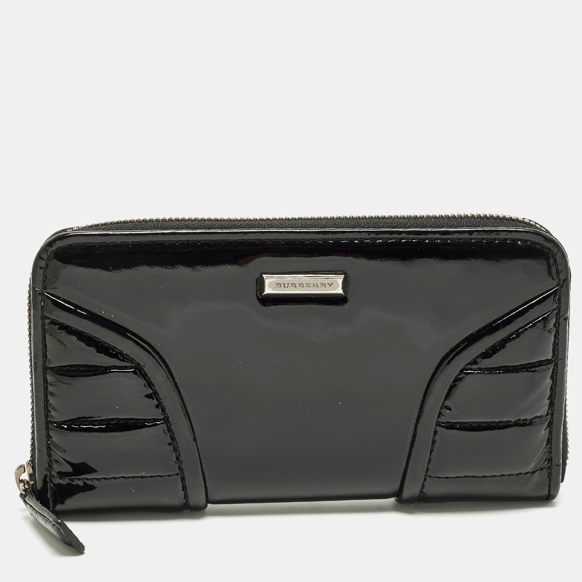 Burberry Black Quilted Patent Leather Zip Around Wallet
