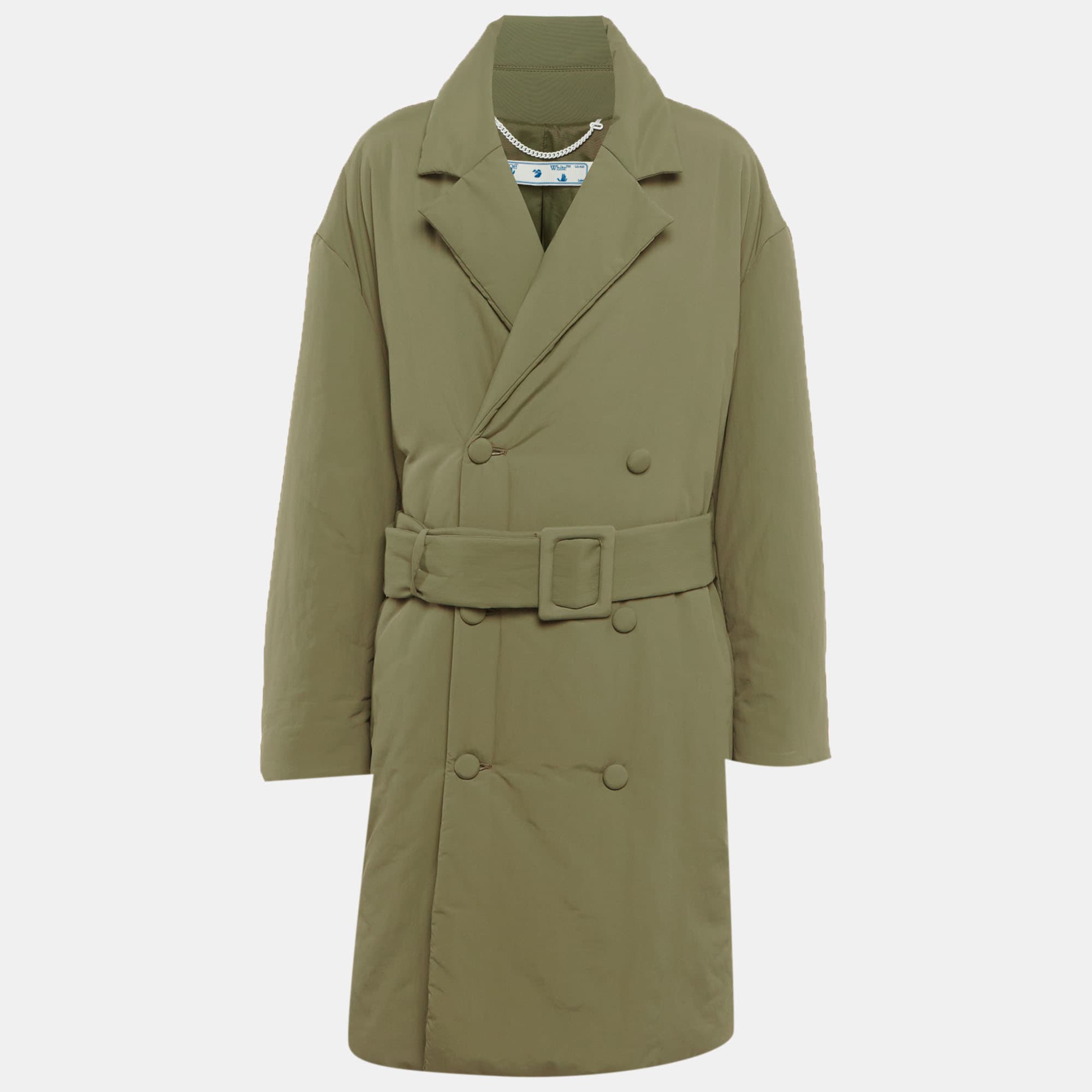 Off-White Green Synthetic Double Breasted Trench Coat S