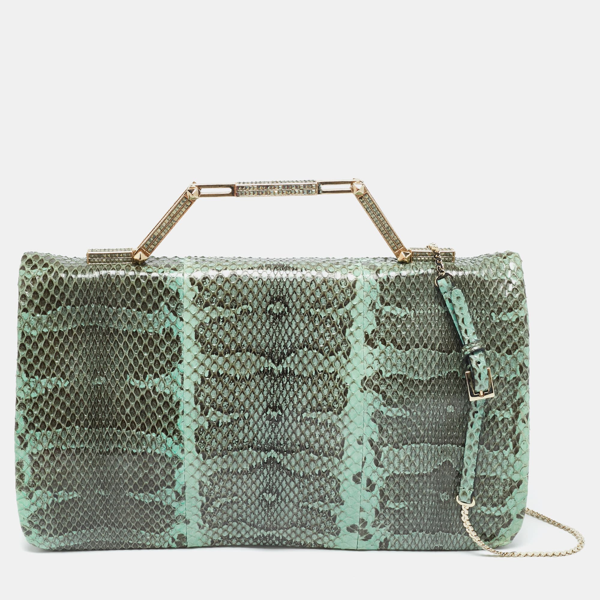Valentino Green Snake Leather Chain Flap Clutch