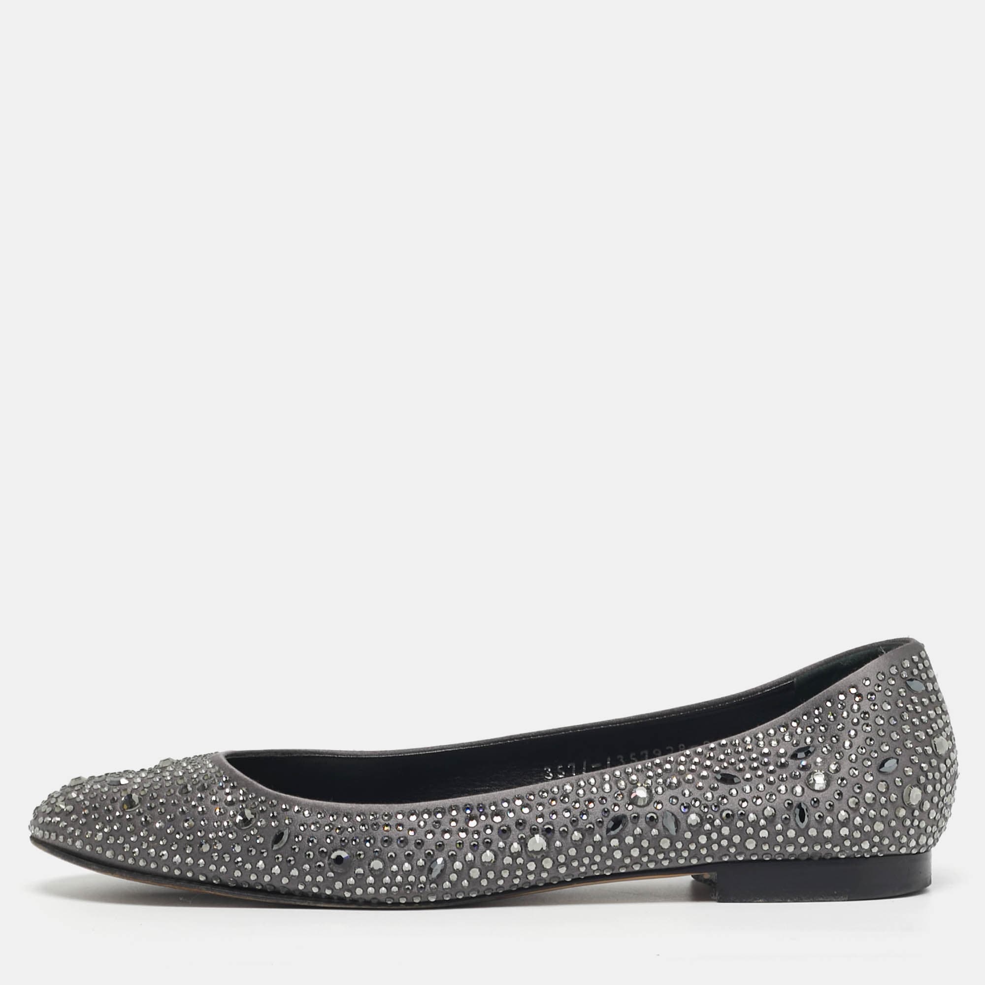 Gina Size 41 Grey Satin Crystal Embellished Ballet Flats