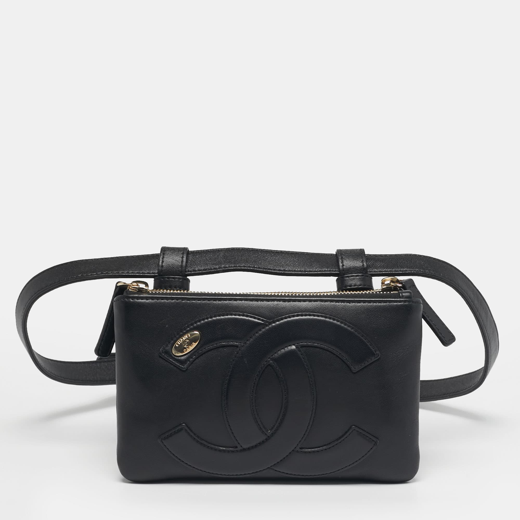 Chanel CC Mania Double Zip Black Leather Waist Belt Bag