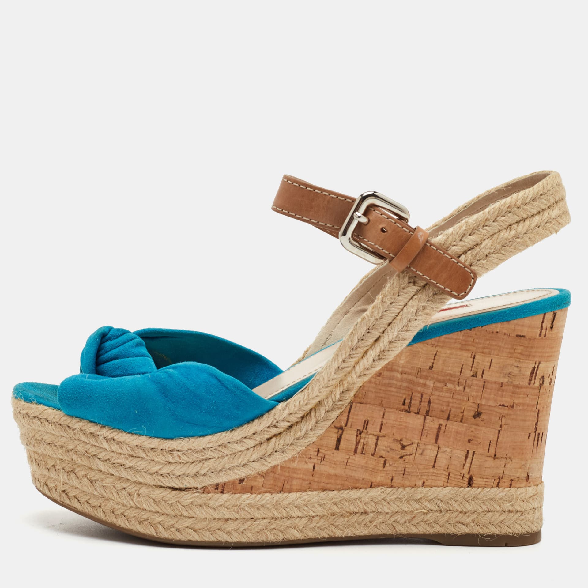Prada Sport Size 37 Blue/Brown Suede and Leather Cork Espadrille Platform Wedge Sandals