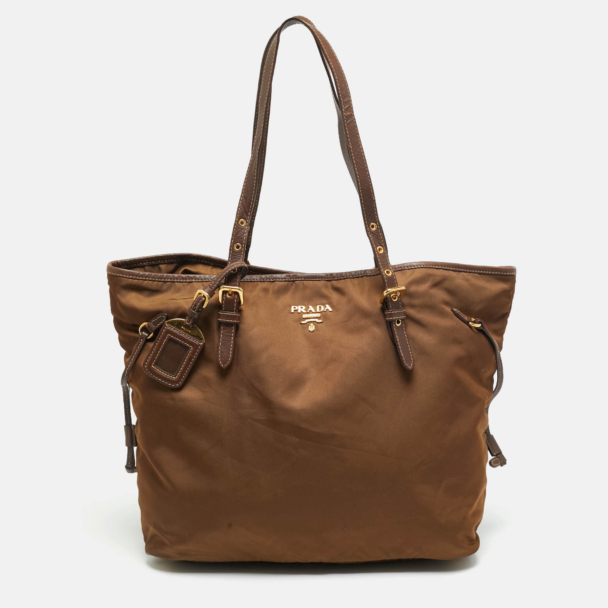 Prada Brown Nylon and Saffiano Leather Shopper Tote