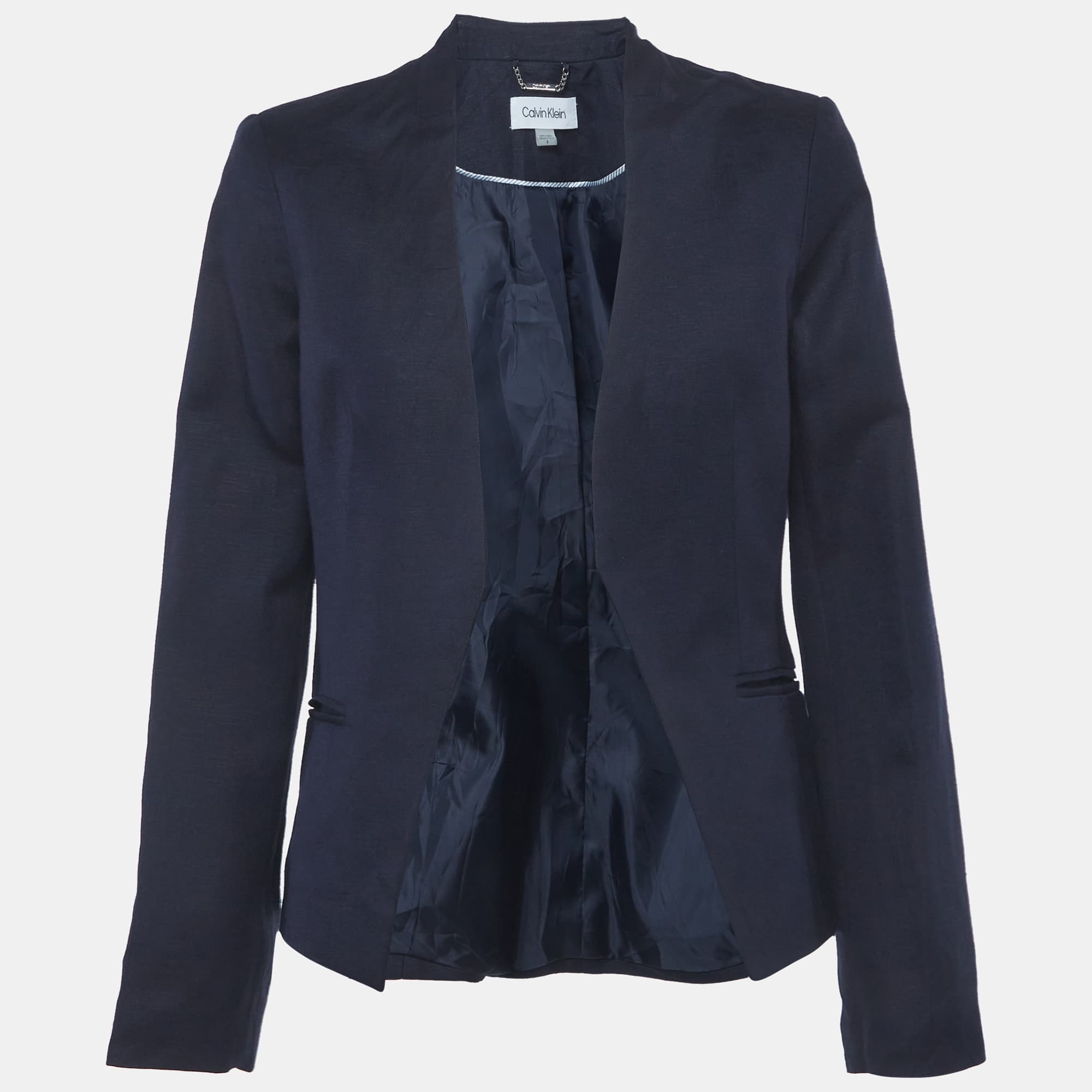 Calvin Klein Navy Blue Linen Blend Open-Front Blazer M