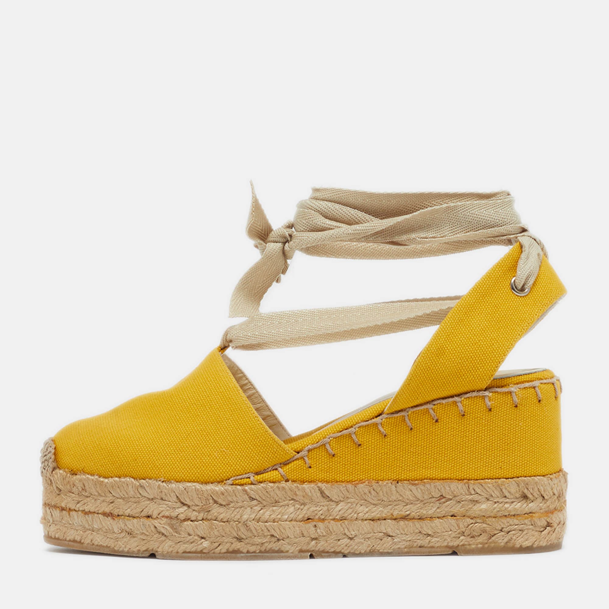 Ralph Lauren Collection Size 36.5 Yellow Canvas Wedge Sandals