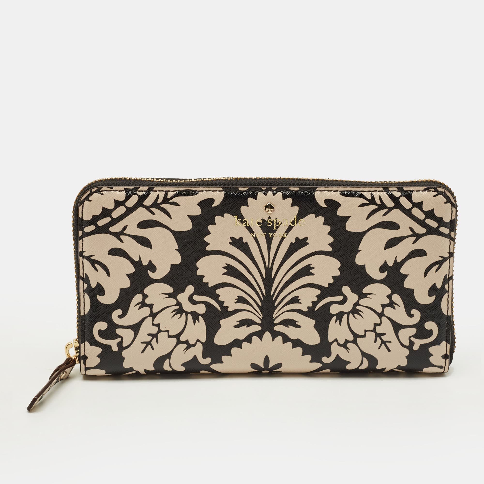 Kate Spade Black/Beige Damask Print Leather Zip Around Continental Wallet
