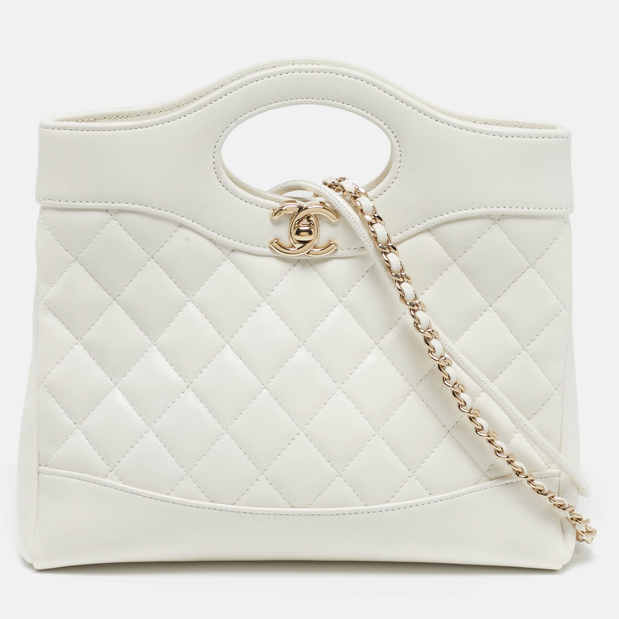 Chanel 31 Mini White Quilted Crumpled Leather Shopping Tote