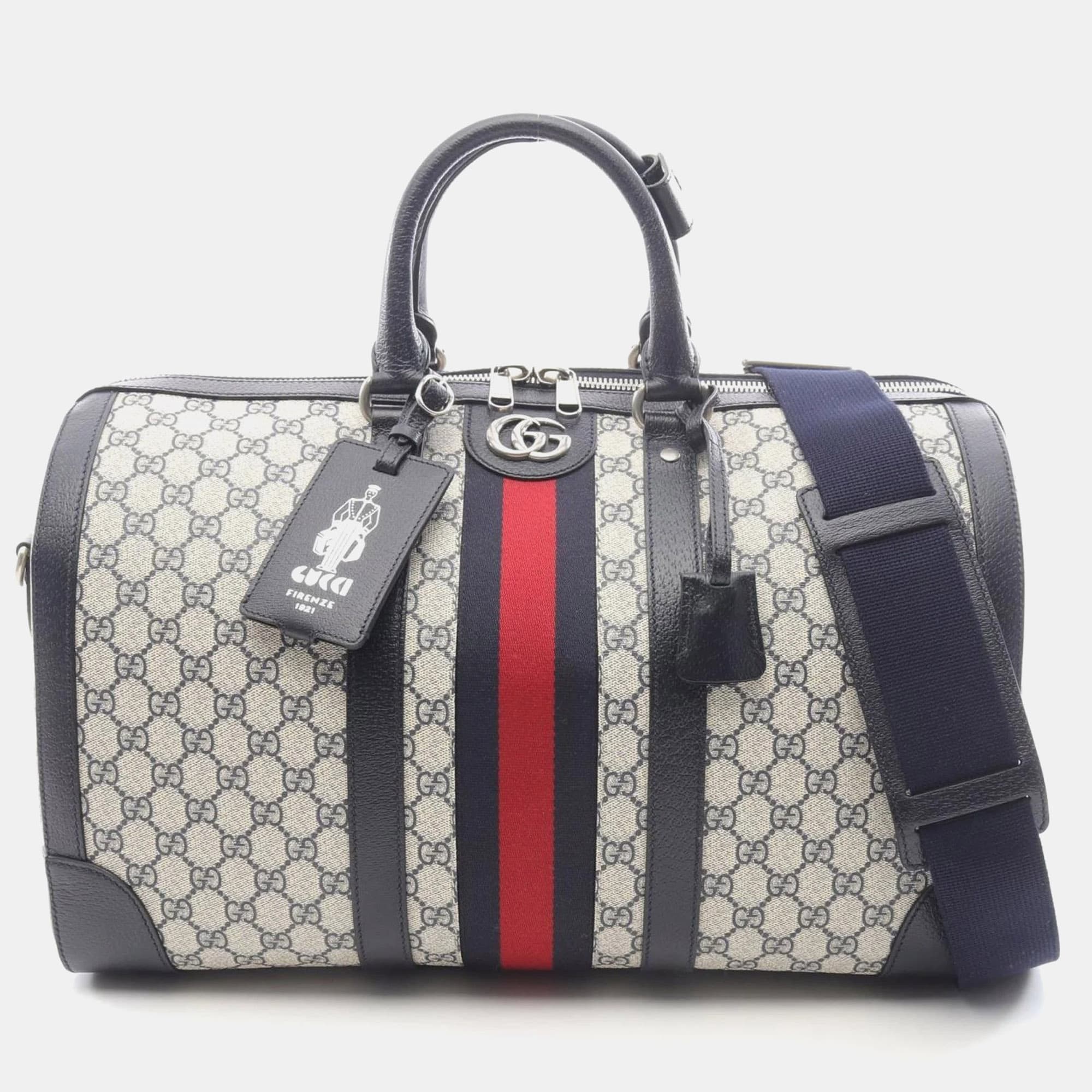Gucci Medium Duffle Bag Gg Supreme Boston Coated Canvas And Leather Ivory Navy