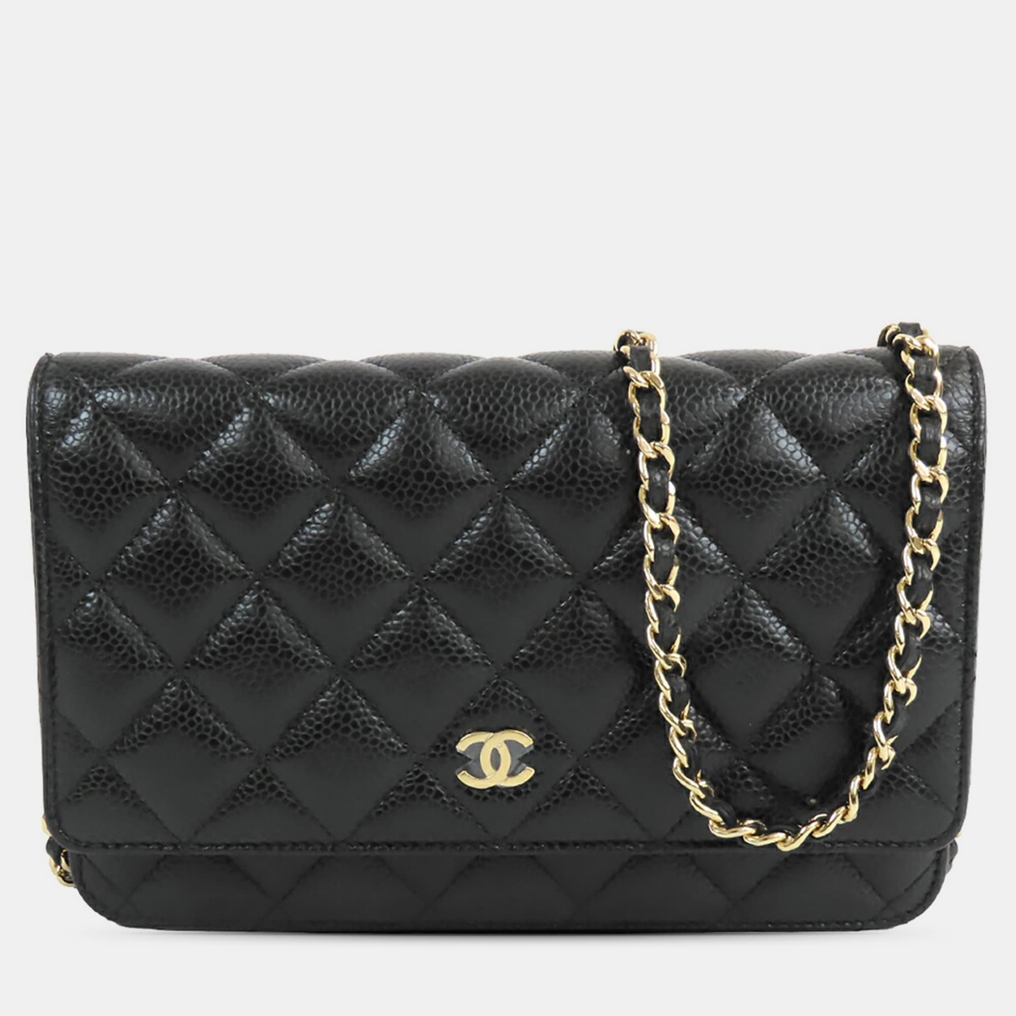 Chanel Black CC Quilted Caviar Wallet on Chain
