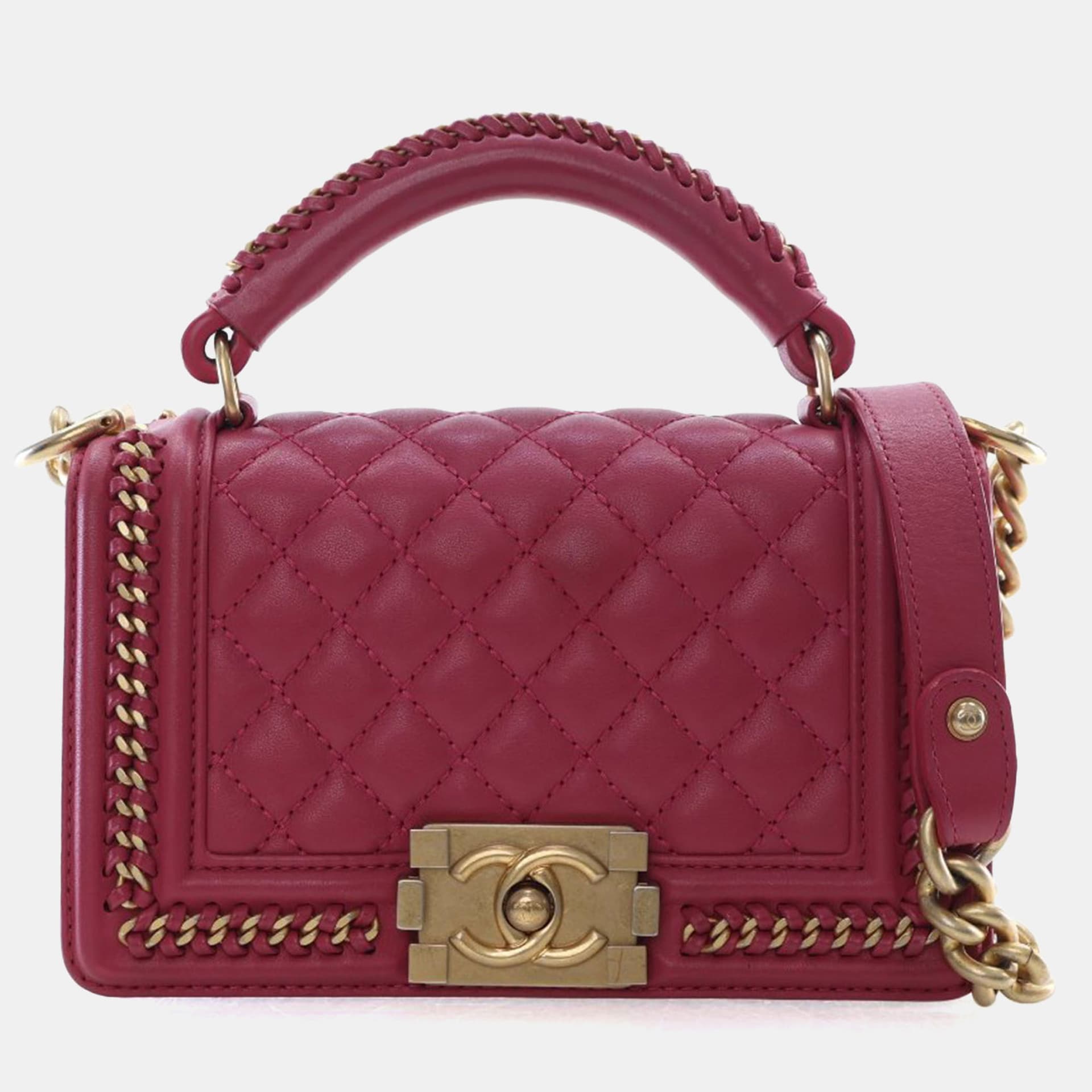 Chanel Boy Small Magenta Quilted Calfskin Leather Chain Around Top Handle Flap Bag