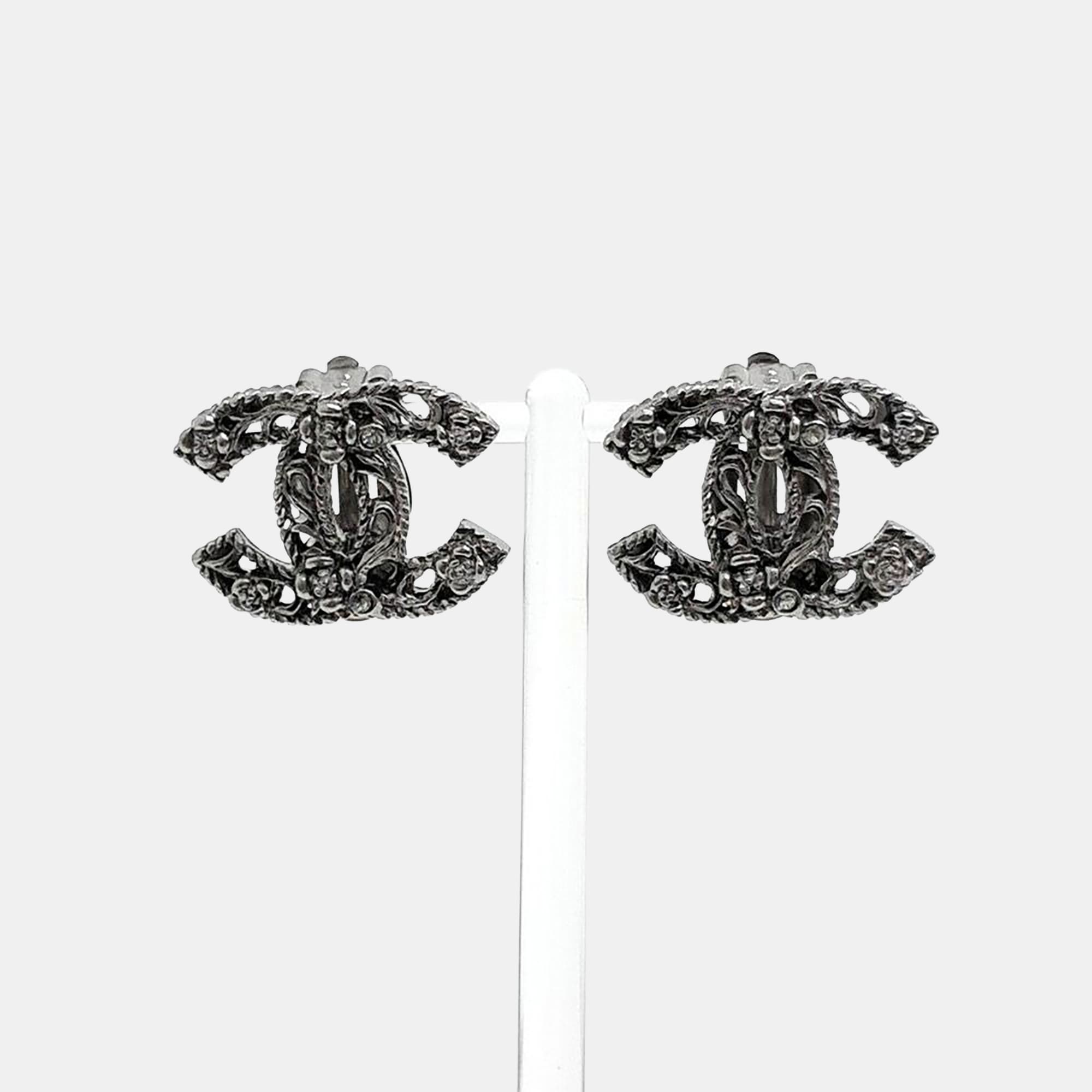 Chanel Silver Logo Earrings