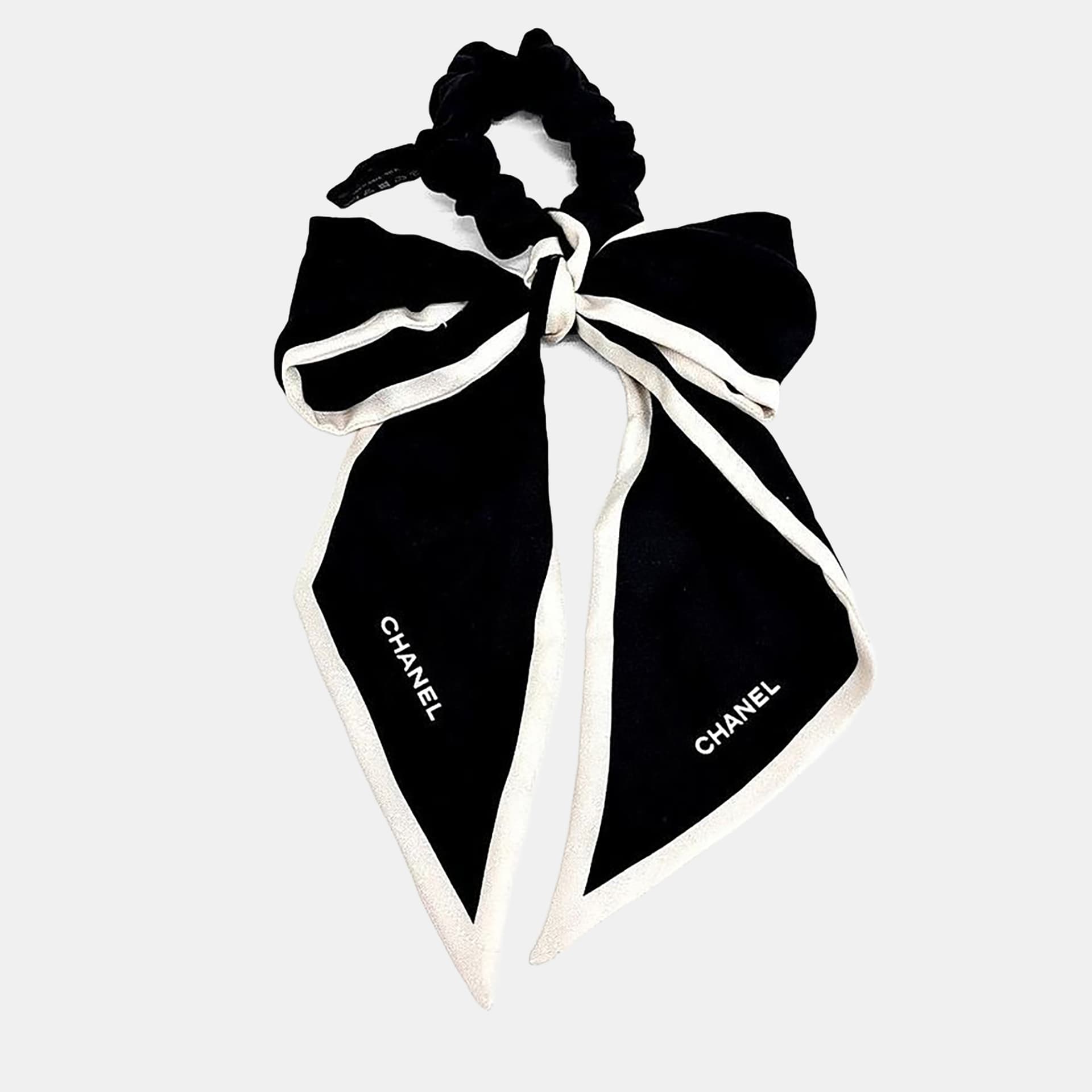 Chanel Black/White Scrunchie Hair Tie With Silk Bow