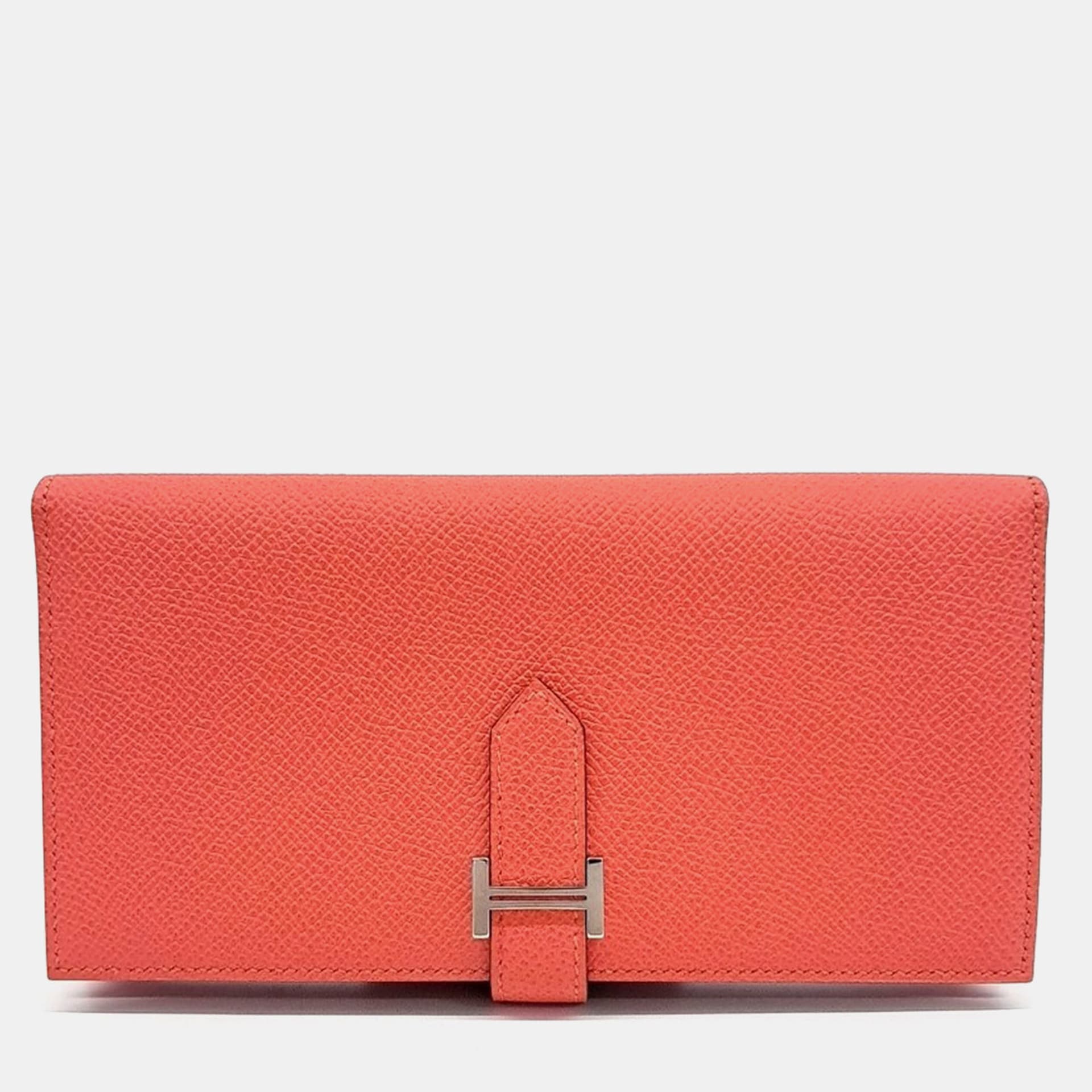 Hermes Bearn Long Coral Chevre Leather Wallet
