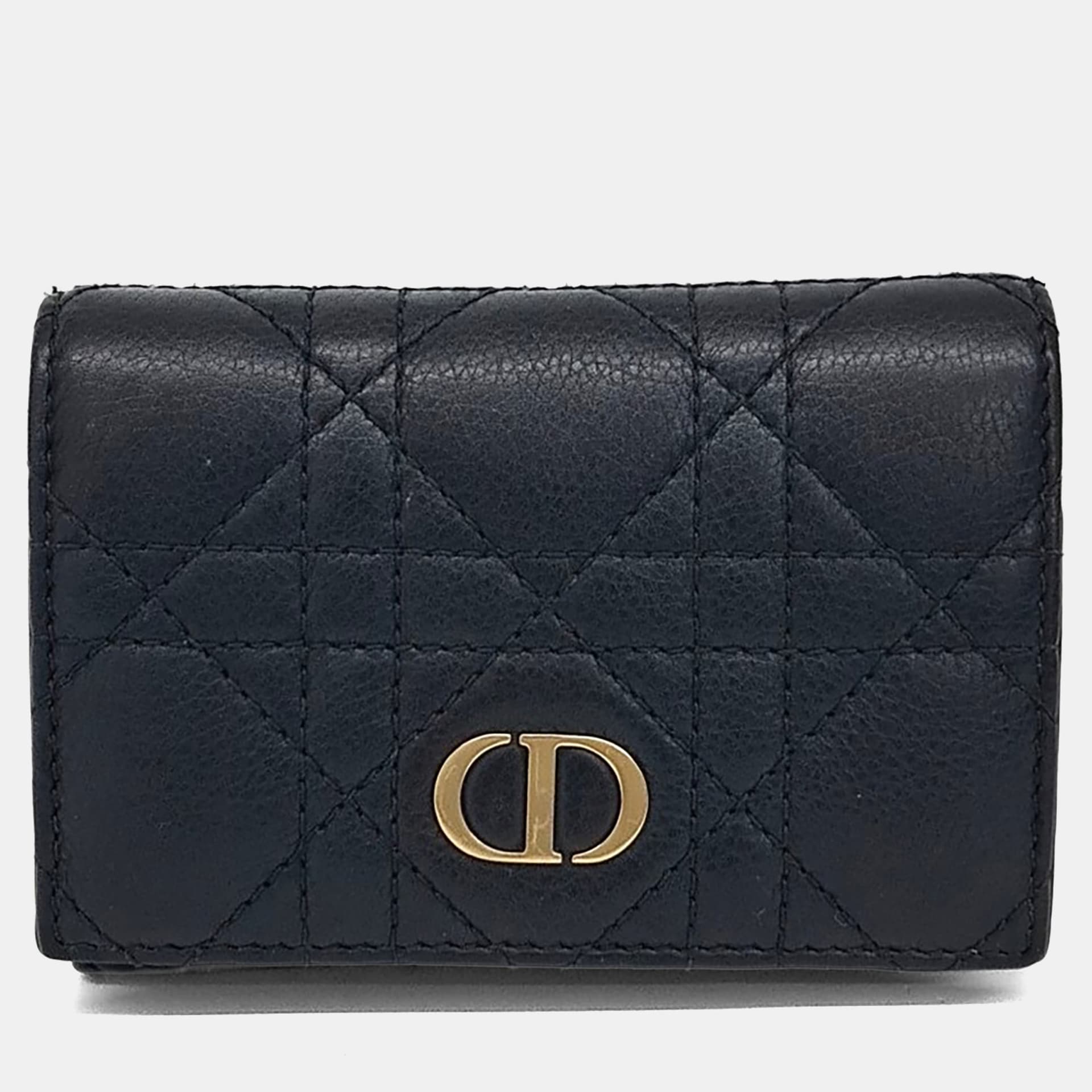 Christian Dior Caro Small Black Calfskin Leather Trifold Wallet Bag