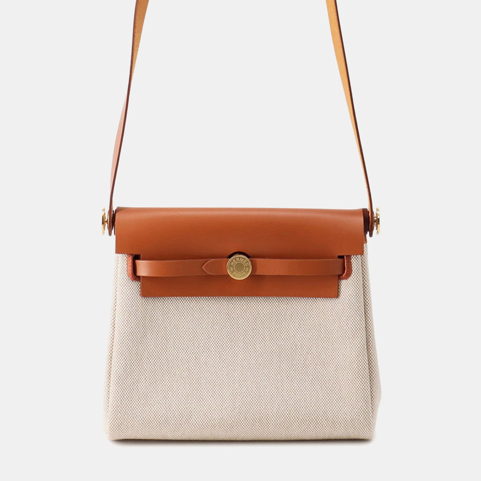 Hermes Herbag Zip Ecru/Fauve Toile H Vache Hunter Leather Size Mini