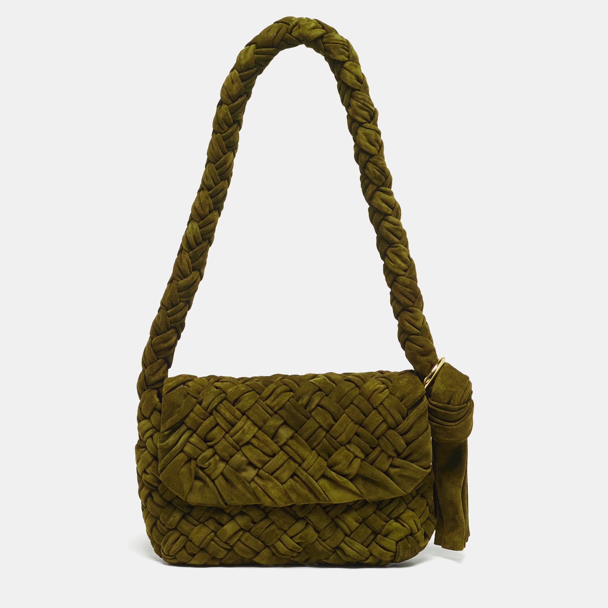 Bottega Veneta Kalimero Citt&agrave; Medium Olive Green Intreccio Suede Shoulder Bag