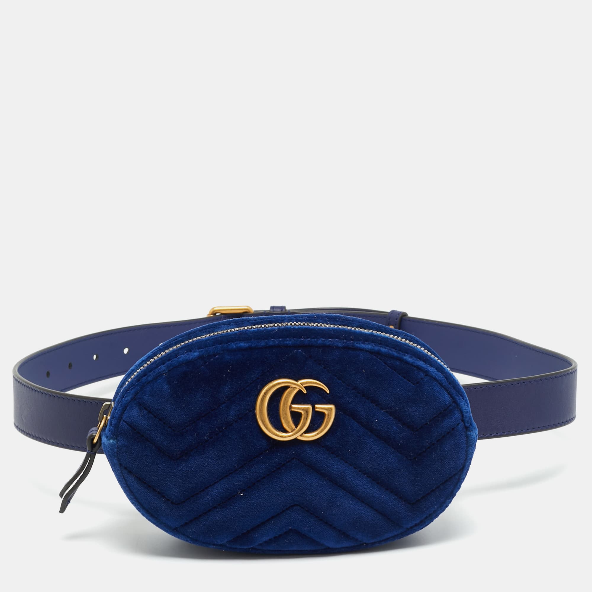 Gucci GG Marmont Blue Matelass&eacute; Velvet Belt Bag