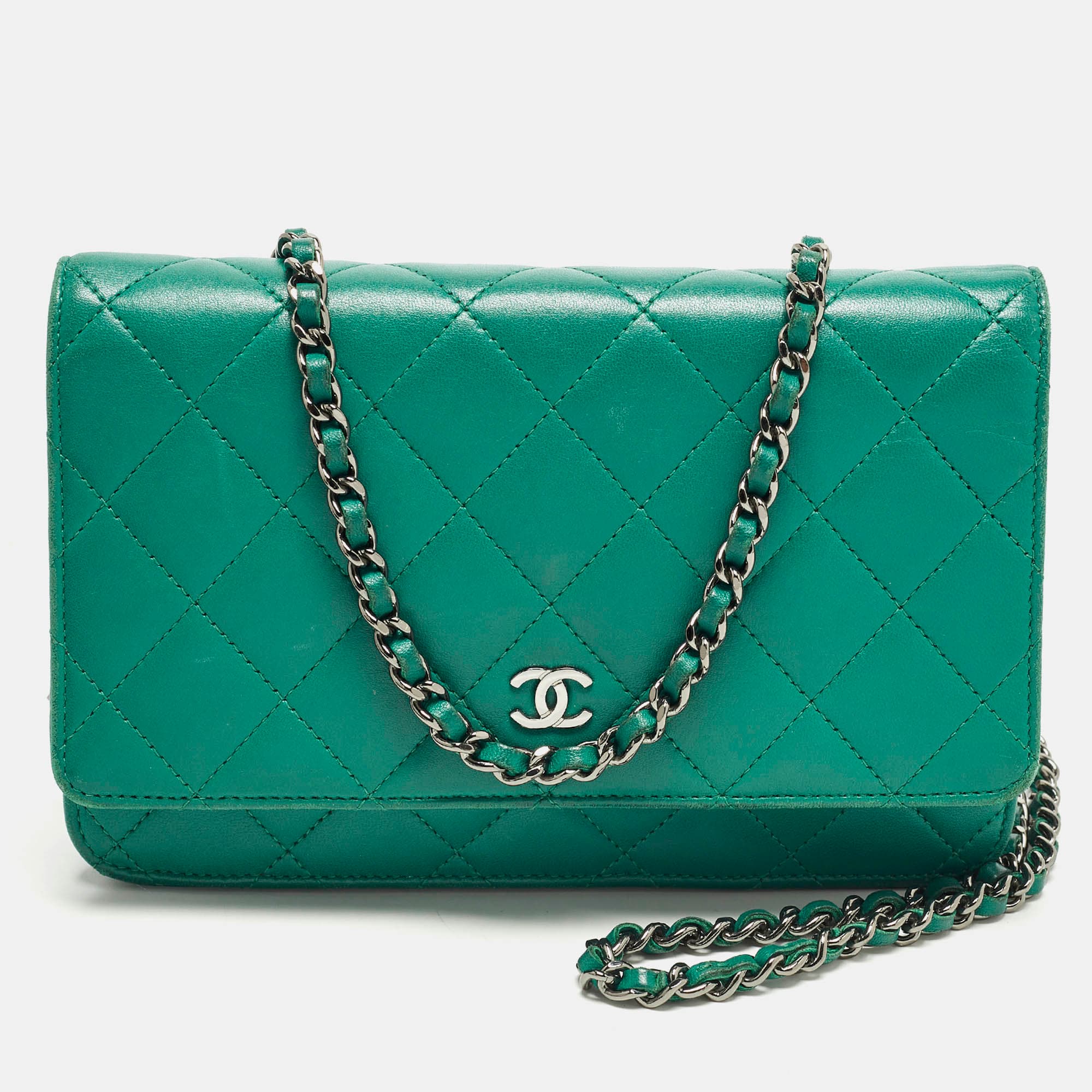 Chanel Classic CC Green Quilted Leather Wallet On Chain