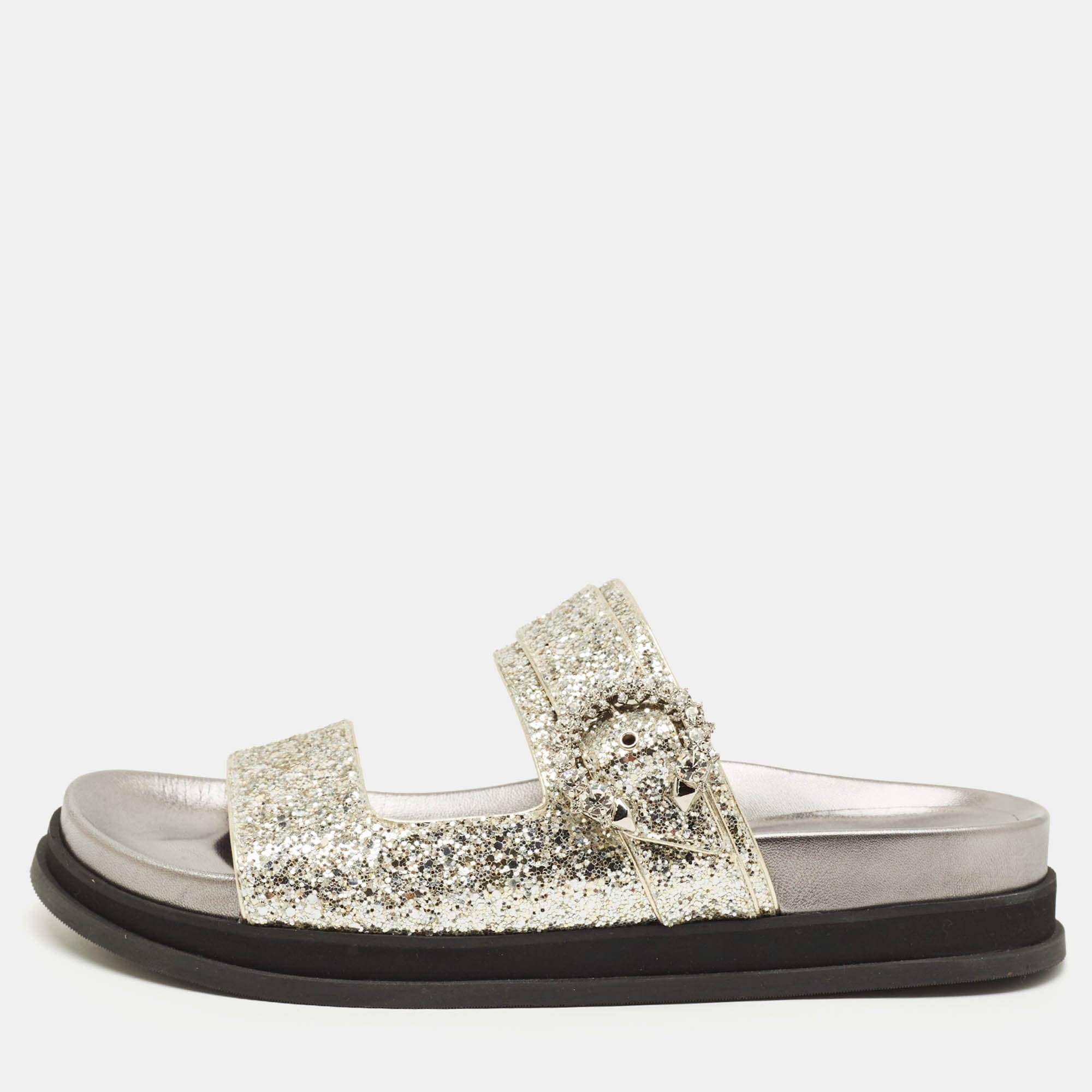 Jimmy Choo Marga Size 41 Silver Glitter and Leather Crystal Embellished Flat Sandals