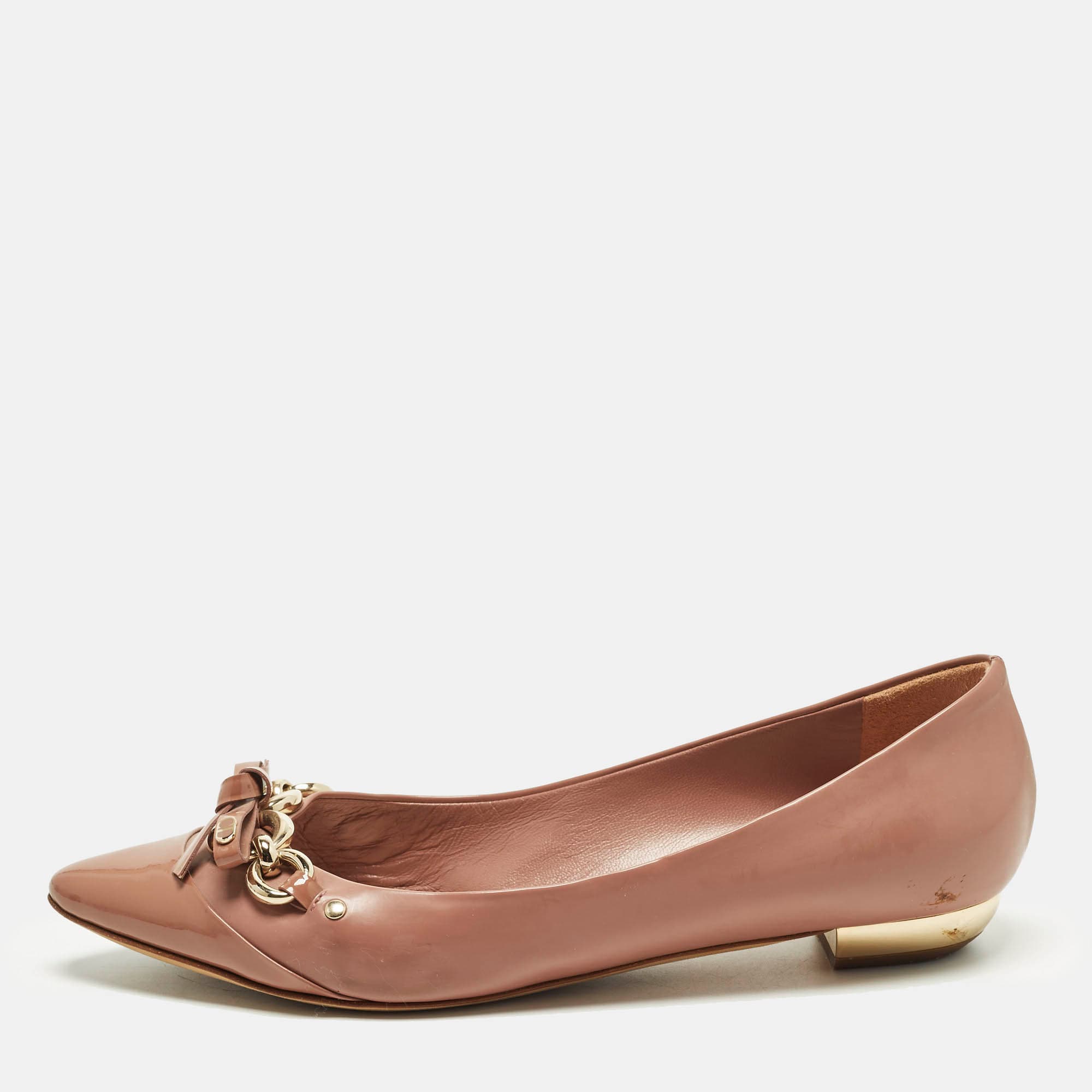 Dior Size 38.5 Beige Leather and Patent Bow Chain Detail Ballet Flats