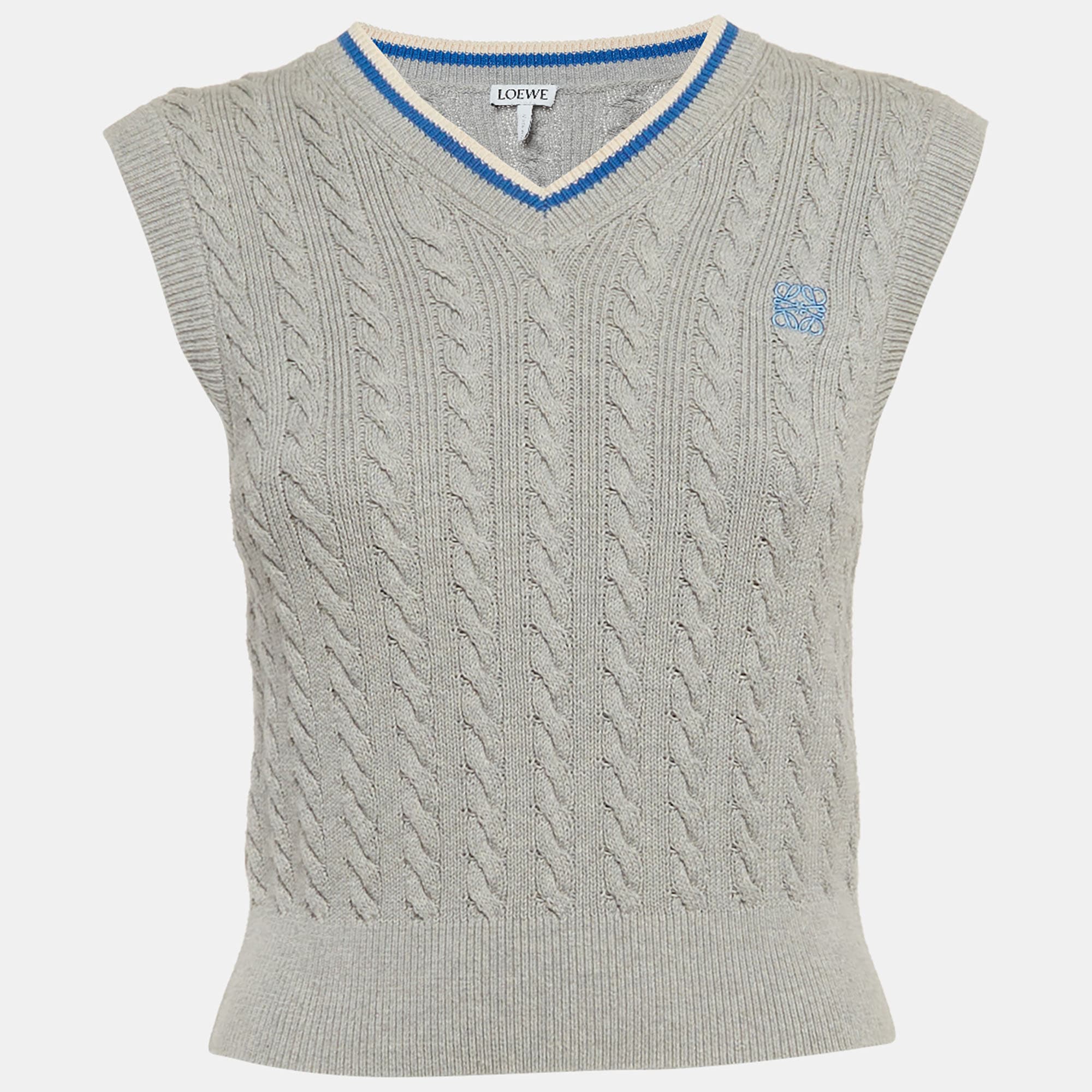 Loewe Grey Cable Knit V-Neck Sweater Vest S
