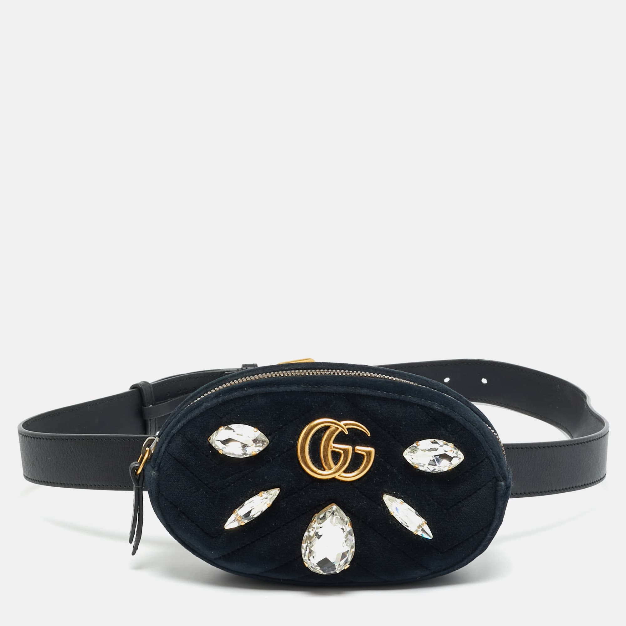 Gucci GG Marmont Crystals Black Matelass&eacute; Velvet and Leather Belt Bag