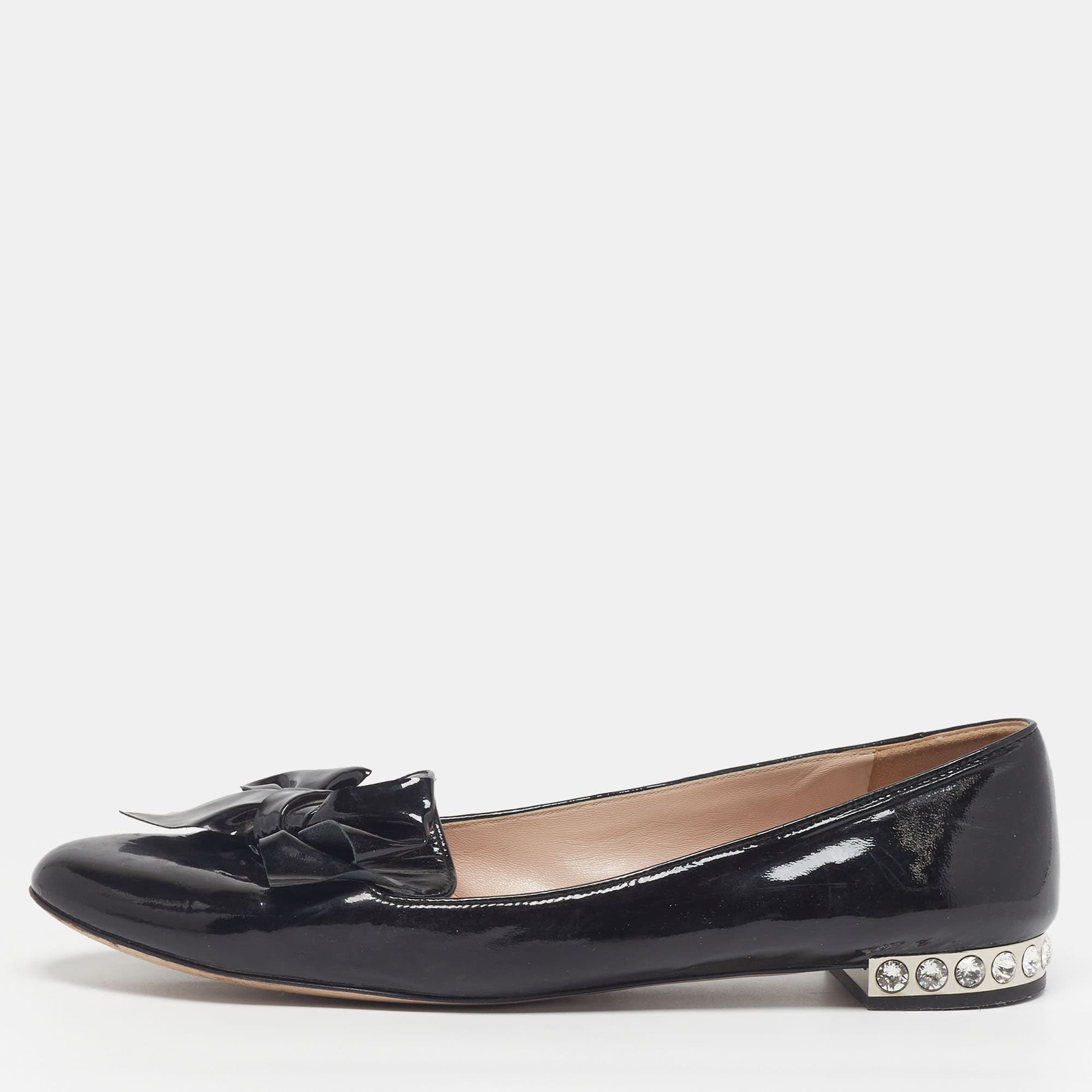 Miu Miu Bow Size 41 Black Patent Leather Bow Detail Crystal Embellished Ballet Flats
