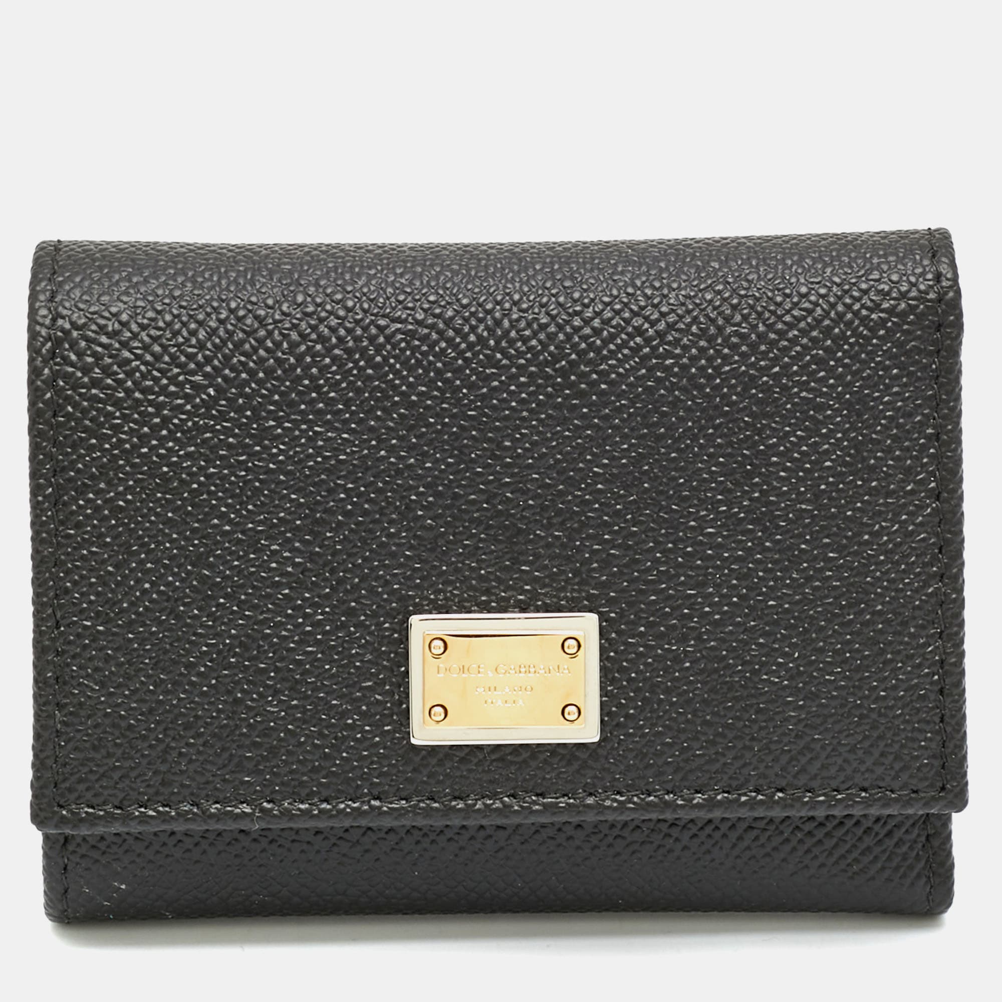 Dolce & Gabbana Logo Plaque Black Leather Trifold Wallet