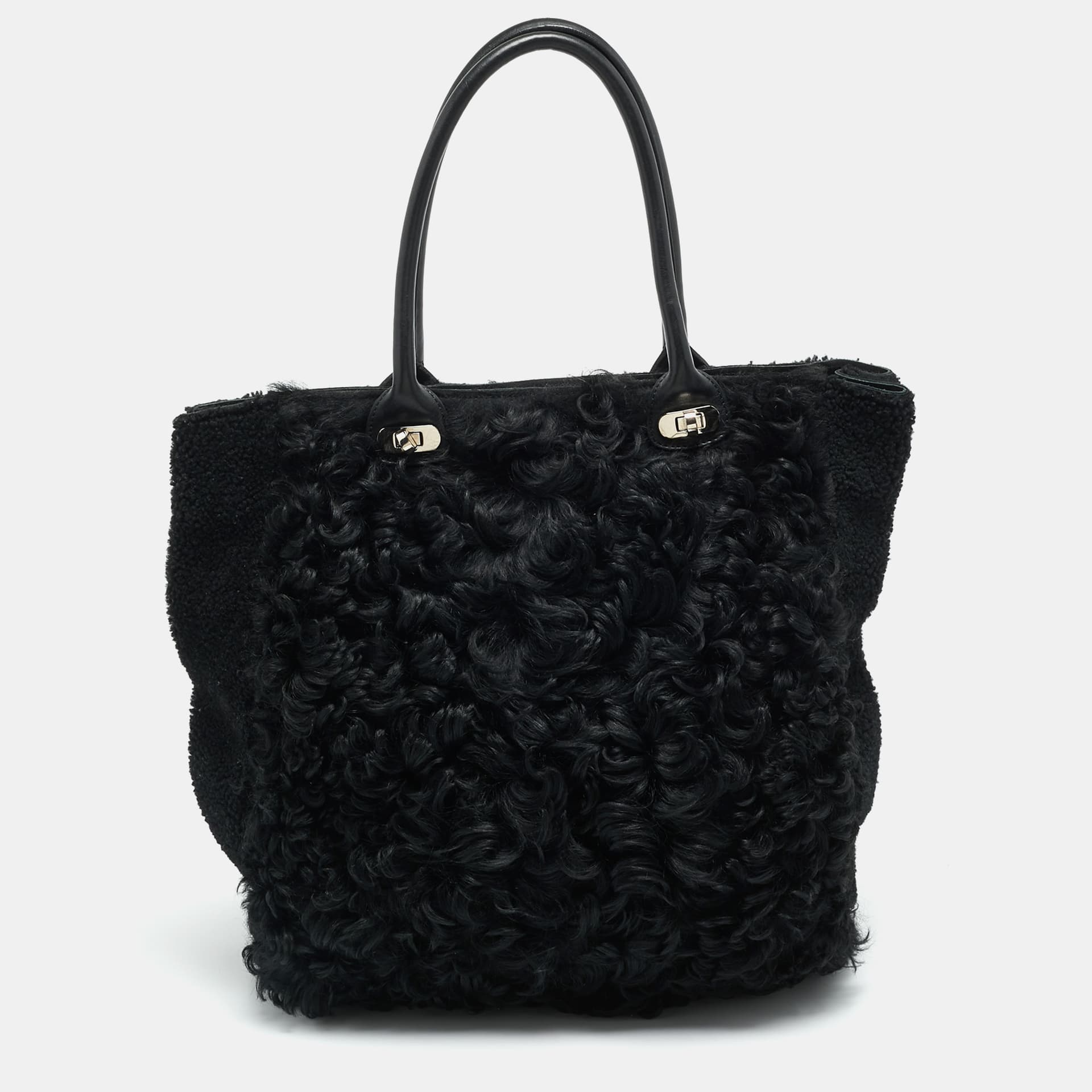 Marni Black Shearling and Fur Vertical Tote