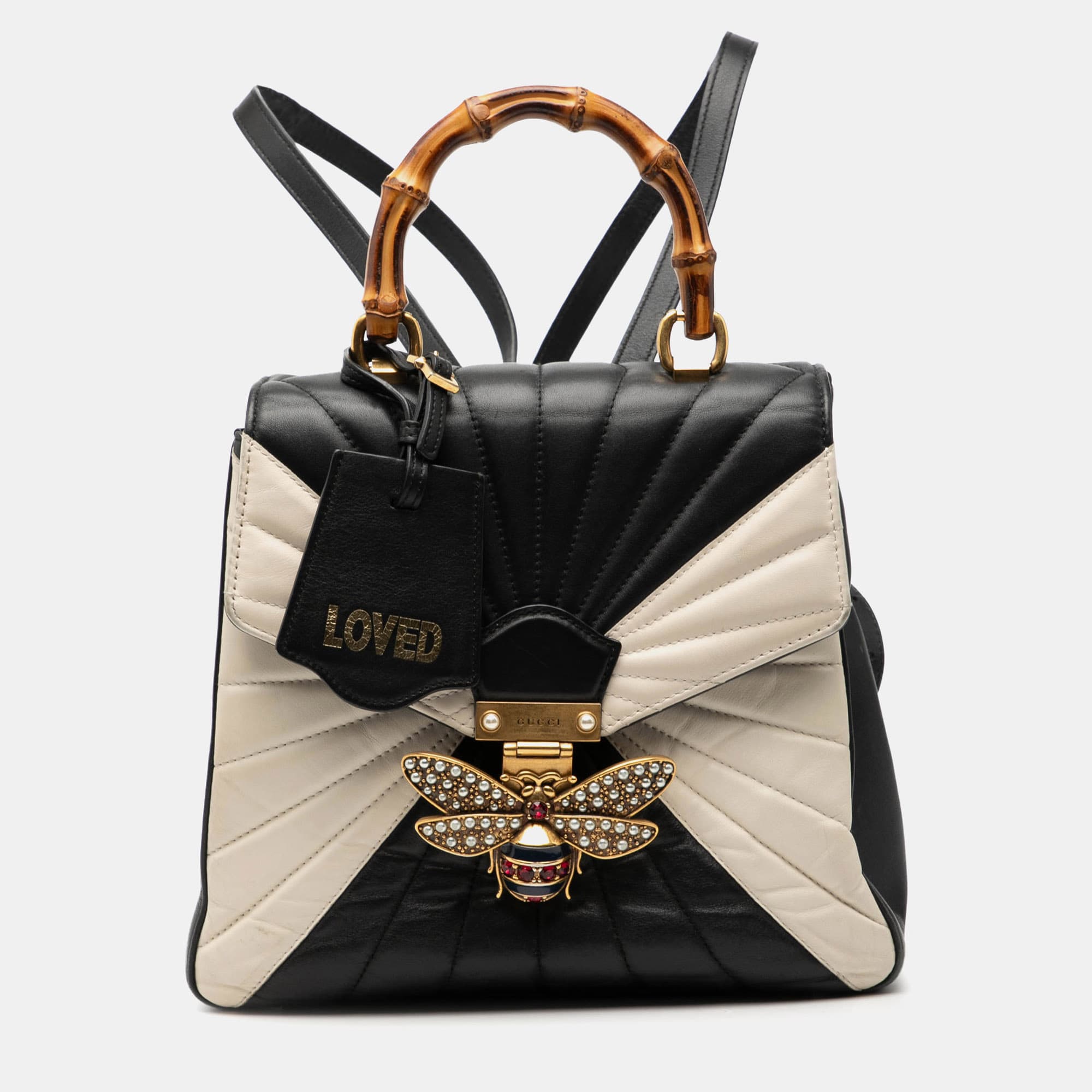 Gucci Black White Bicolor Calfskin Bamboo Trapuntata Queen Margaret Backpack