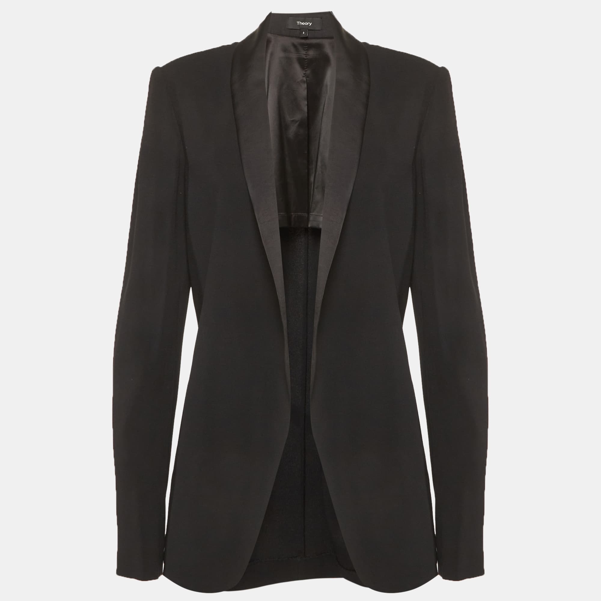 Theory Black Crepe Open Front Fluid Shawl Blazer M