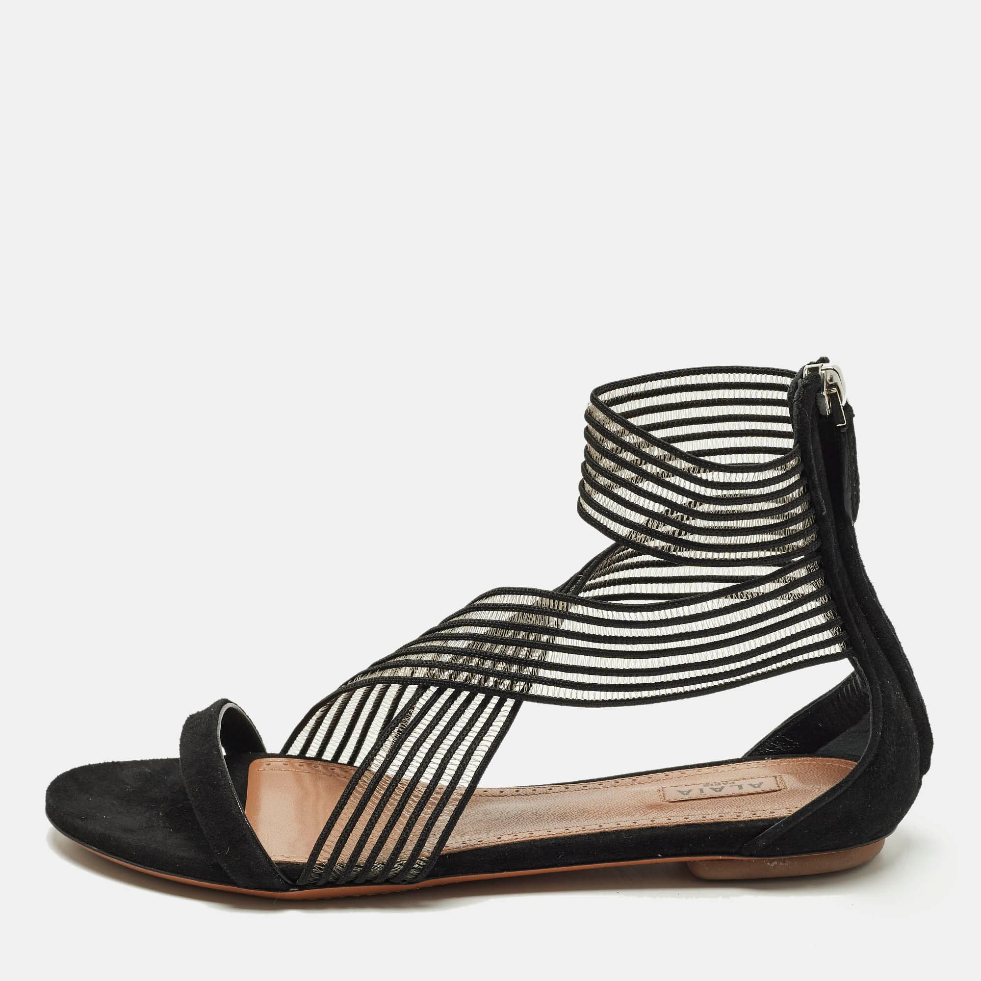 Alaia Size 38 Black Mesh and Suede Ankle Strap Flat Sandals