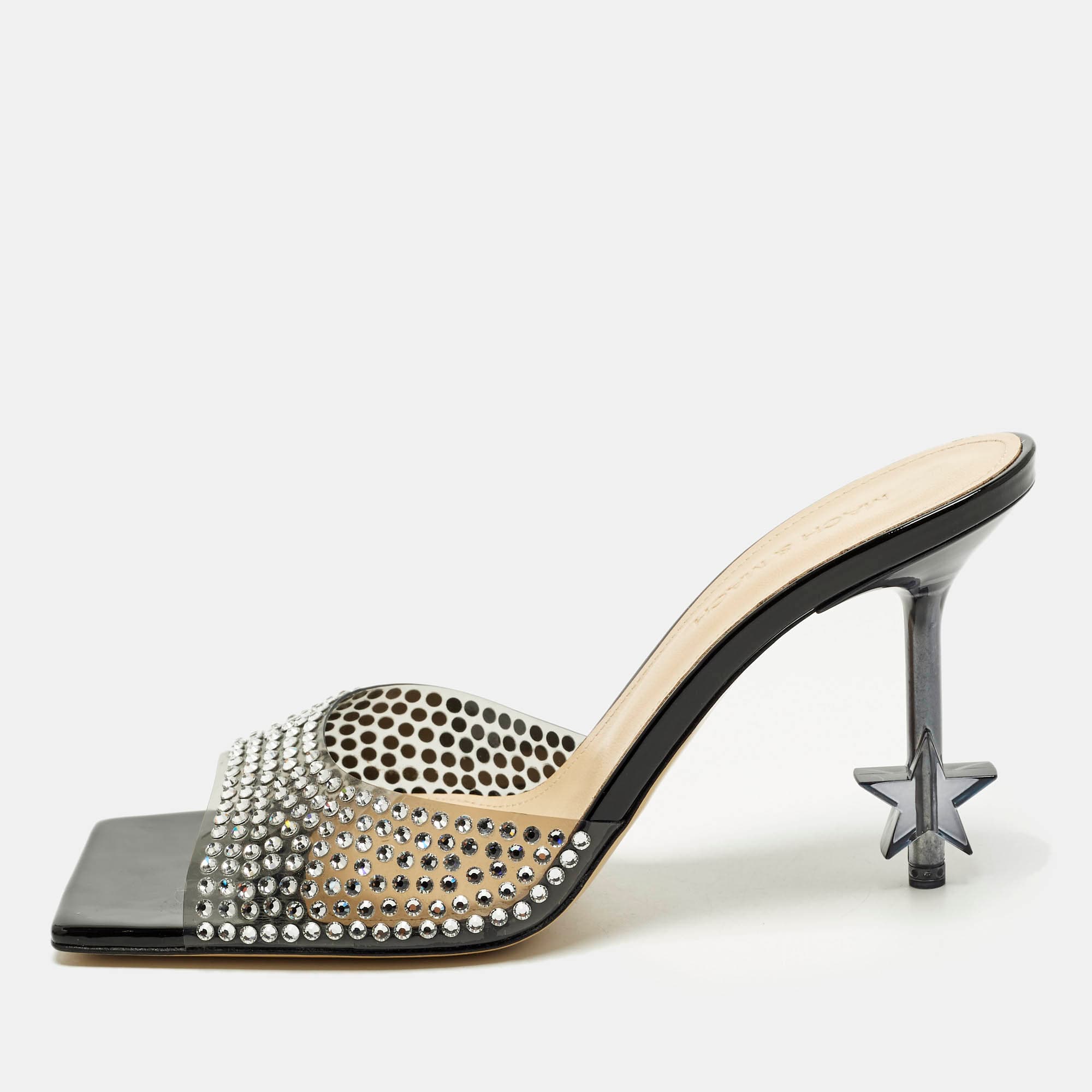 Mach & Mach Star Size 39 Black PVC Crystal Embellished Slide Sandals