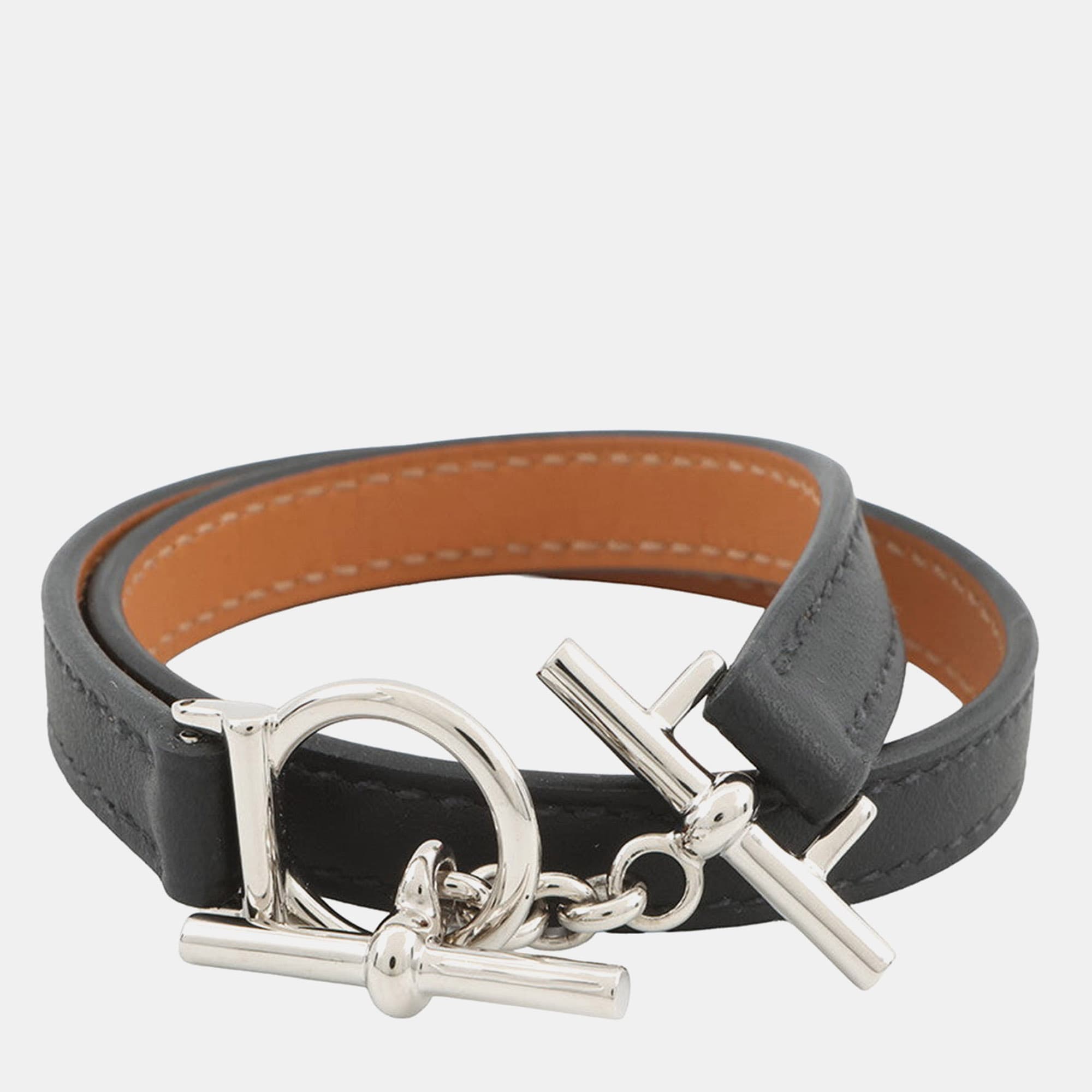 Hermes Leather Bracelet "CroisiRe" Double Tour Size T3 Black Swift Leather