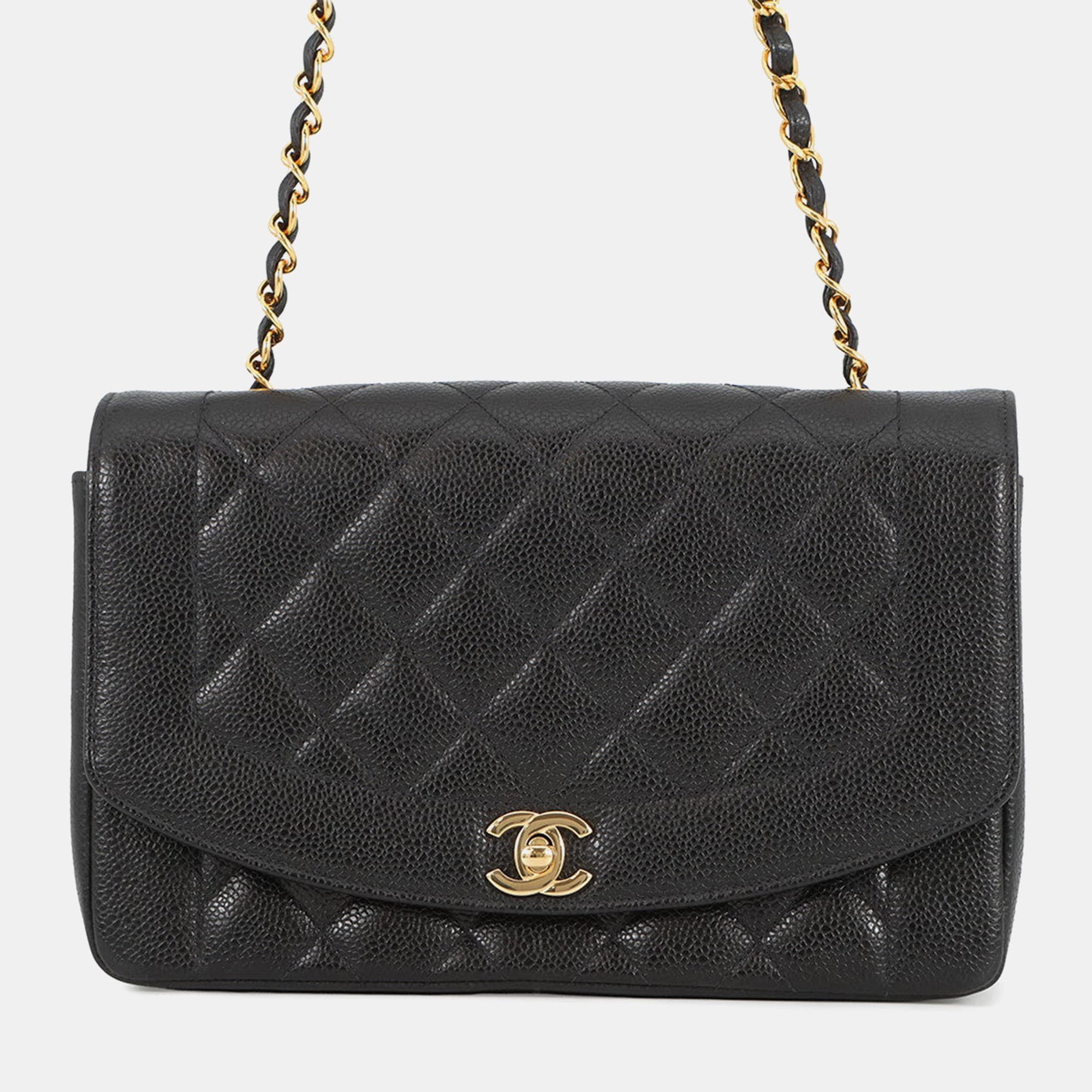 Chanel Matelasse Diana Single Flap Chain shoulder Bag Black Caviar Leather Size 25