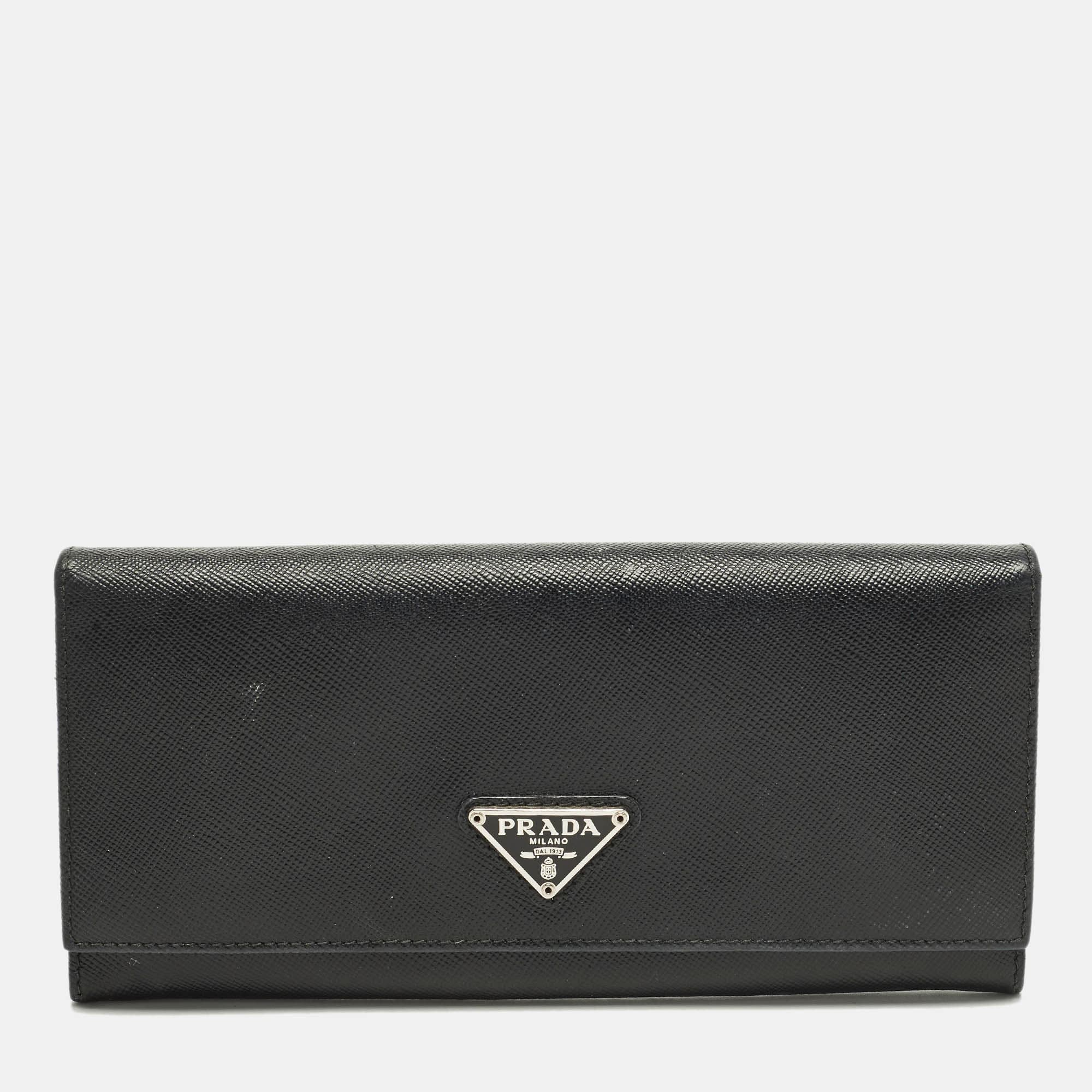 Prada Black Saffiano Leather Flap Continental Wallet