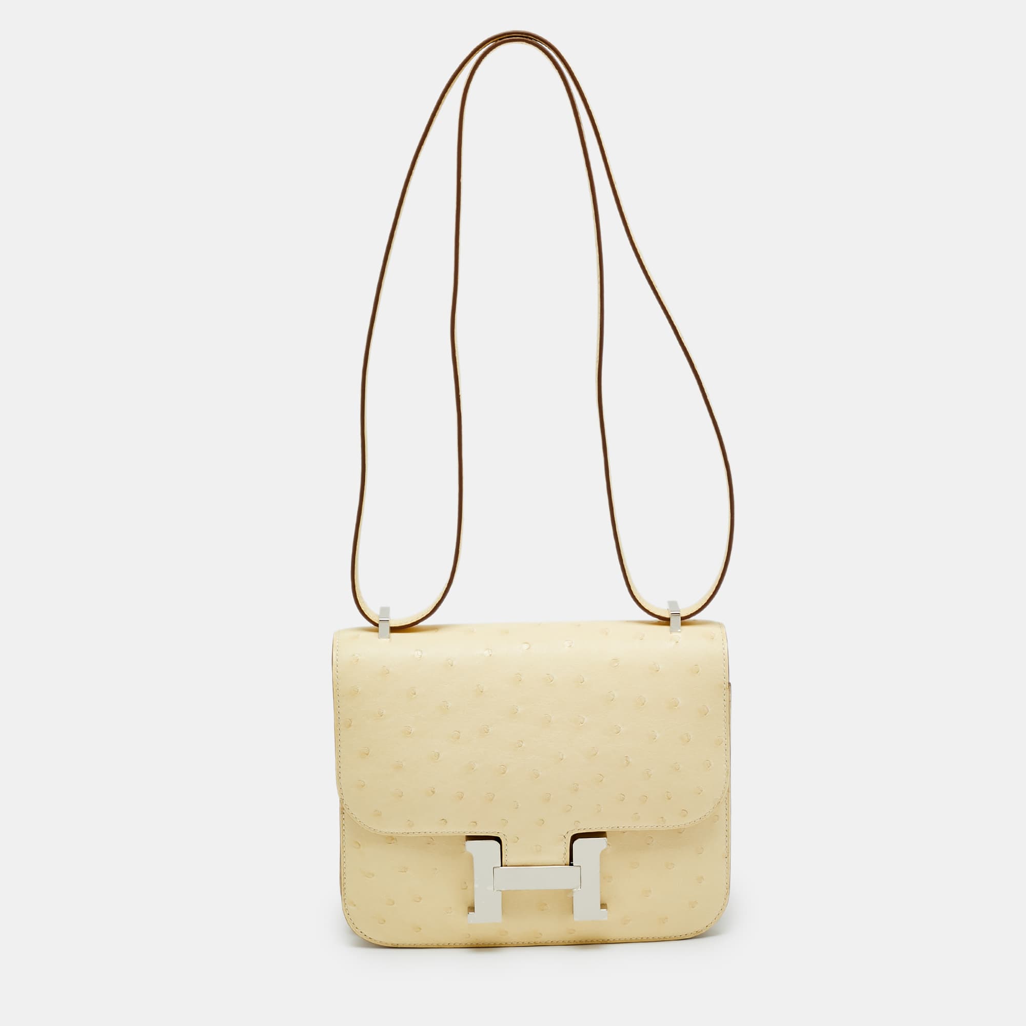 Herm&egrave;s Constance 18 Mini Palladium Finish Vanille Ostrich Crossbody Bag