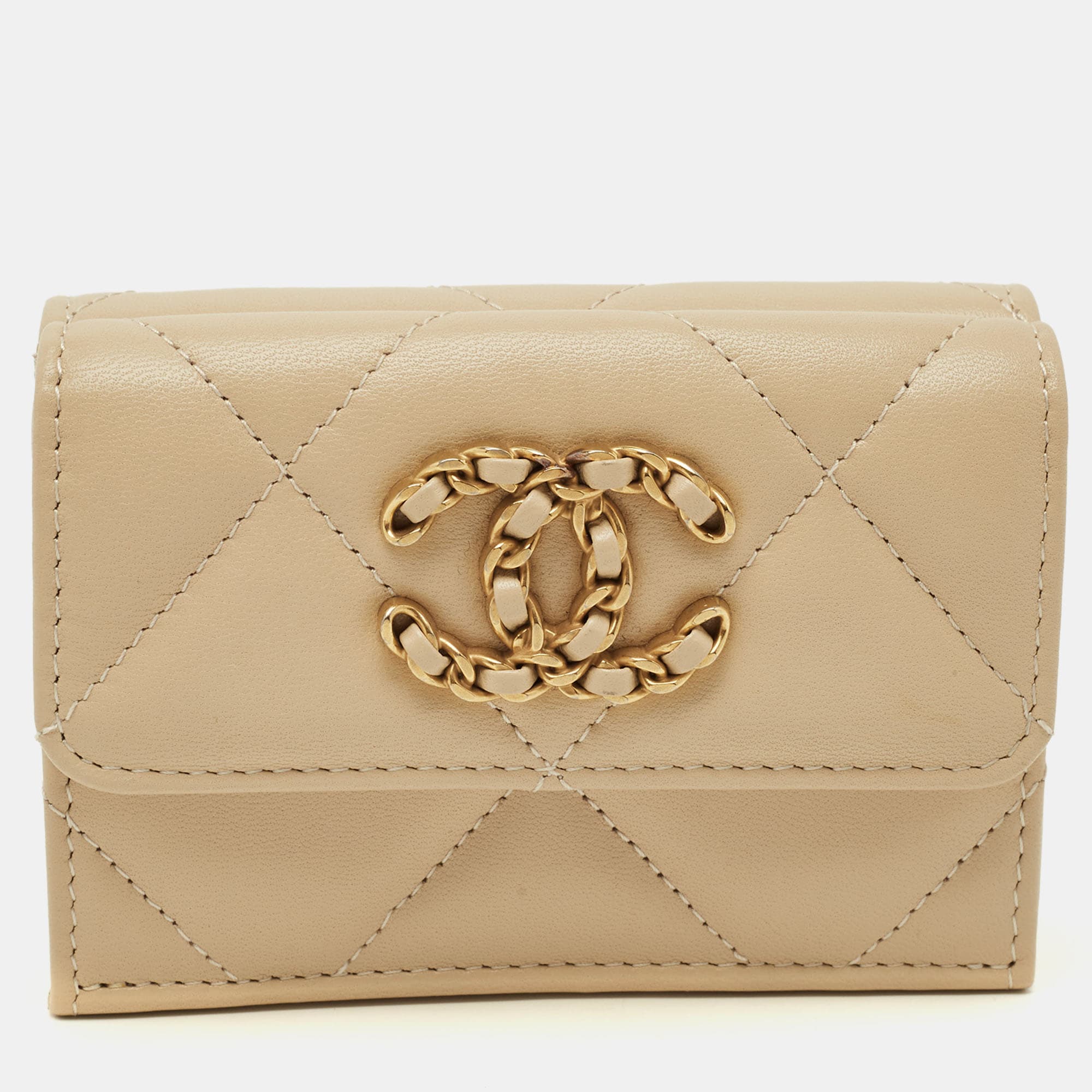 Chanel 19 Beige Quilted Leather Trifold Wallet